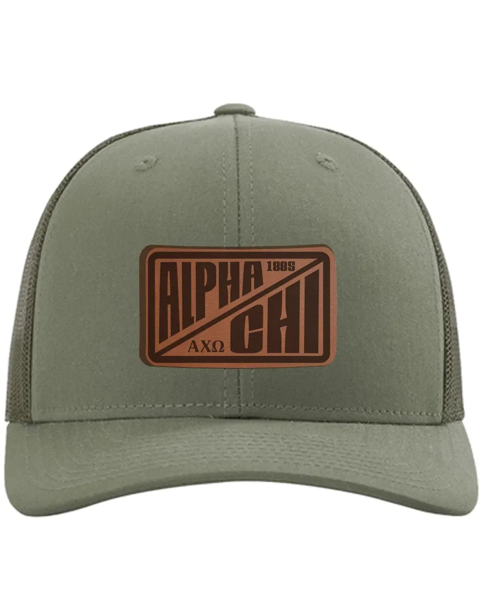 Alpha Chi Omega Richardson 112 Leatherette Patch Trucker Hat - Divide Loden Trucker Hat
