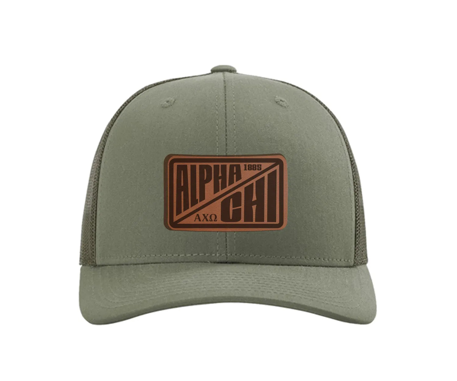 Alpha Chi Omega Richardson 112 Leatherette Patch Trucker Hat - Divide Loden Trucker Hat