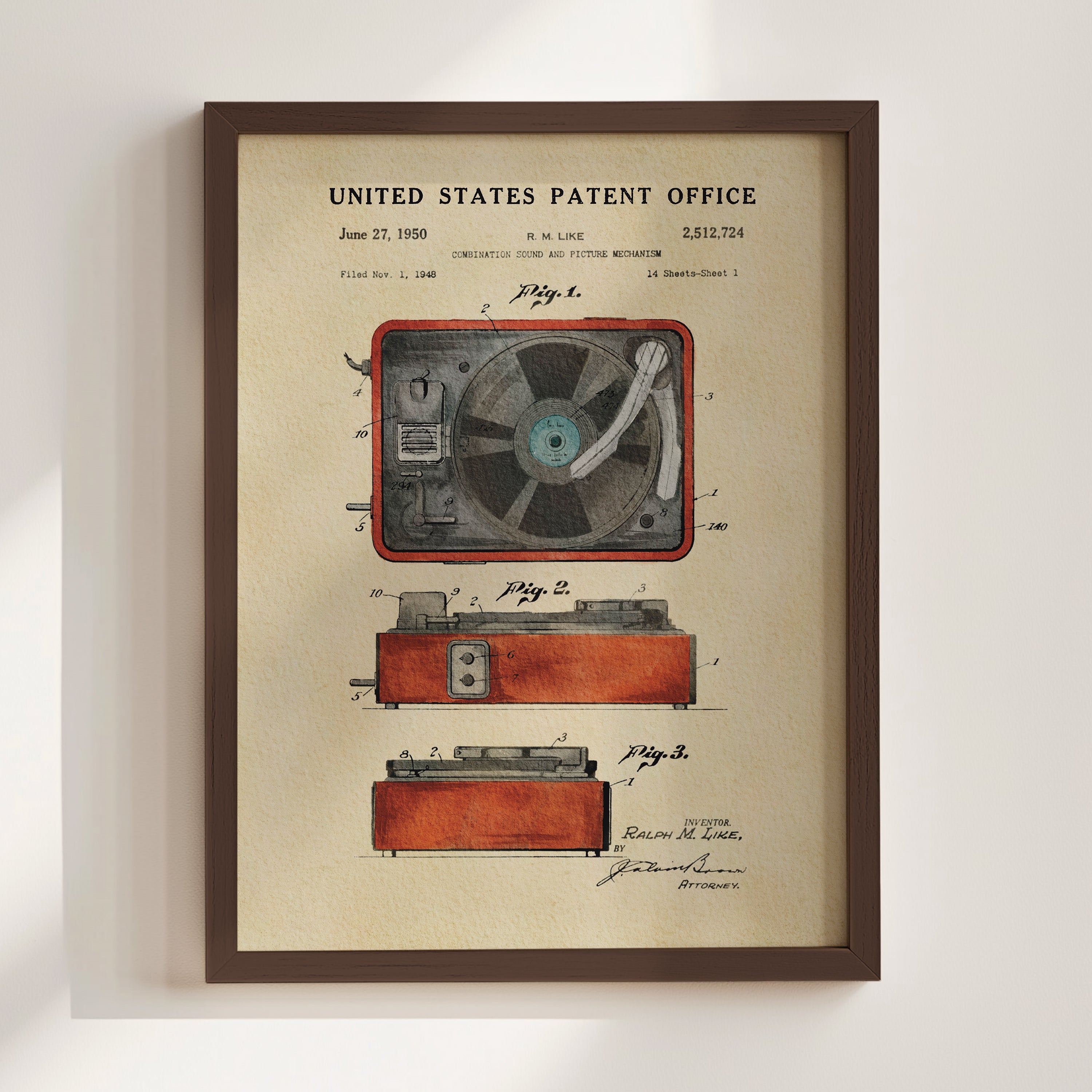 Vintage Record Player - Red US Patent Wall Print