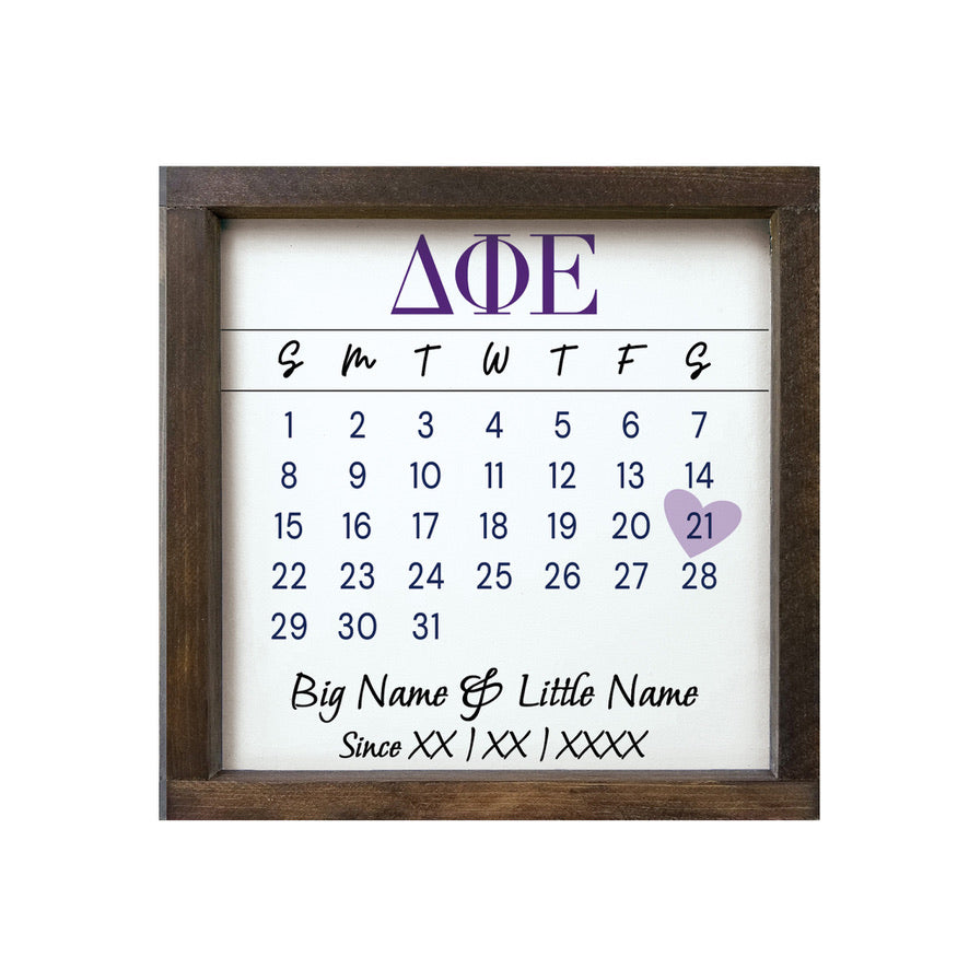 Delta Phi Epsilon Personalized Big Little Calendar Framed Sign - 12x12
