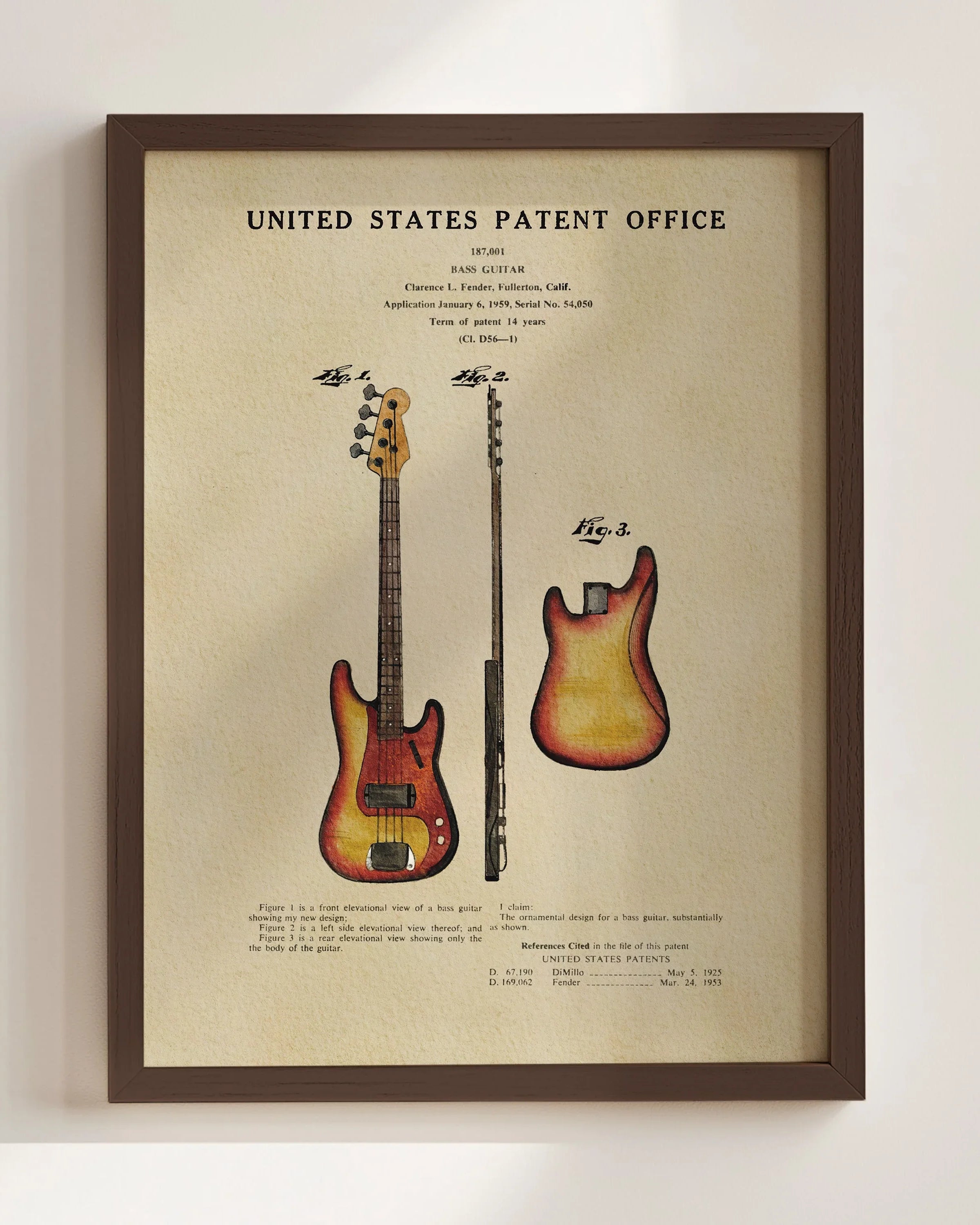Fender Bass Guitar US Patent Art Print | Music-Themed Dorm Decor