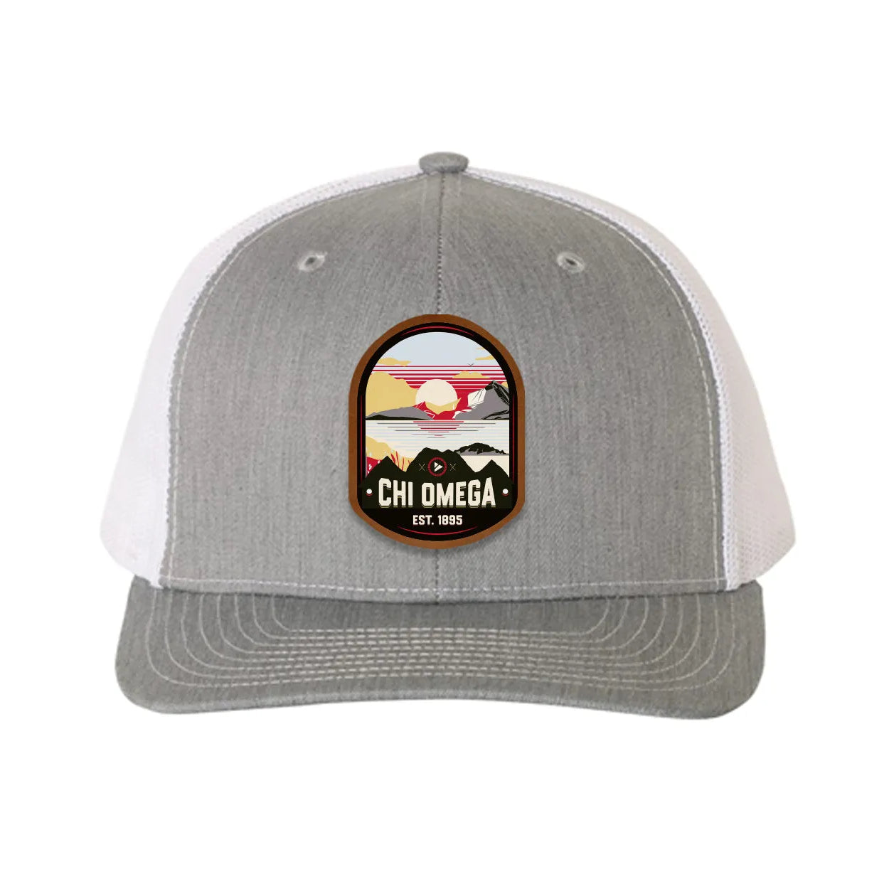 Chi Omega Richardson 112 UV Print Leatherette Patch Trucker Hat - Ventura Heather Gray White Trucker Hat