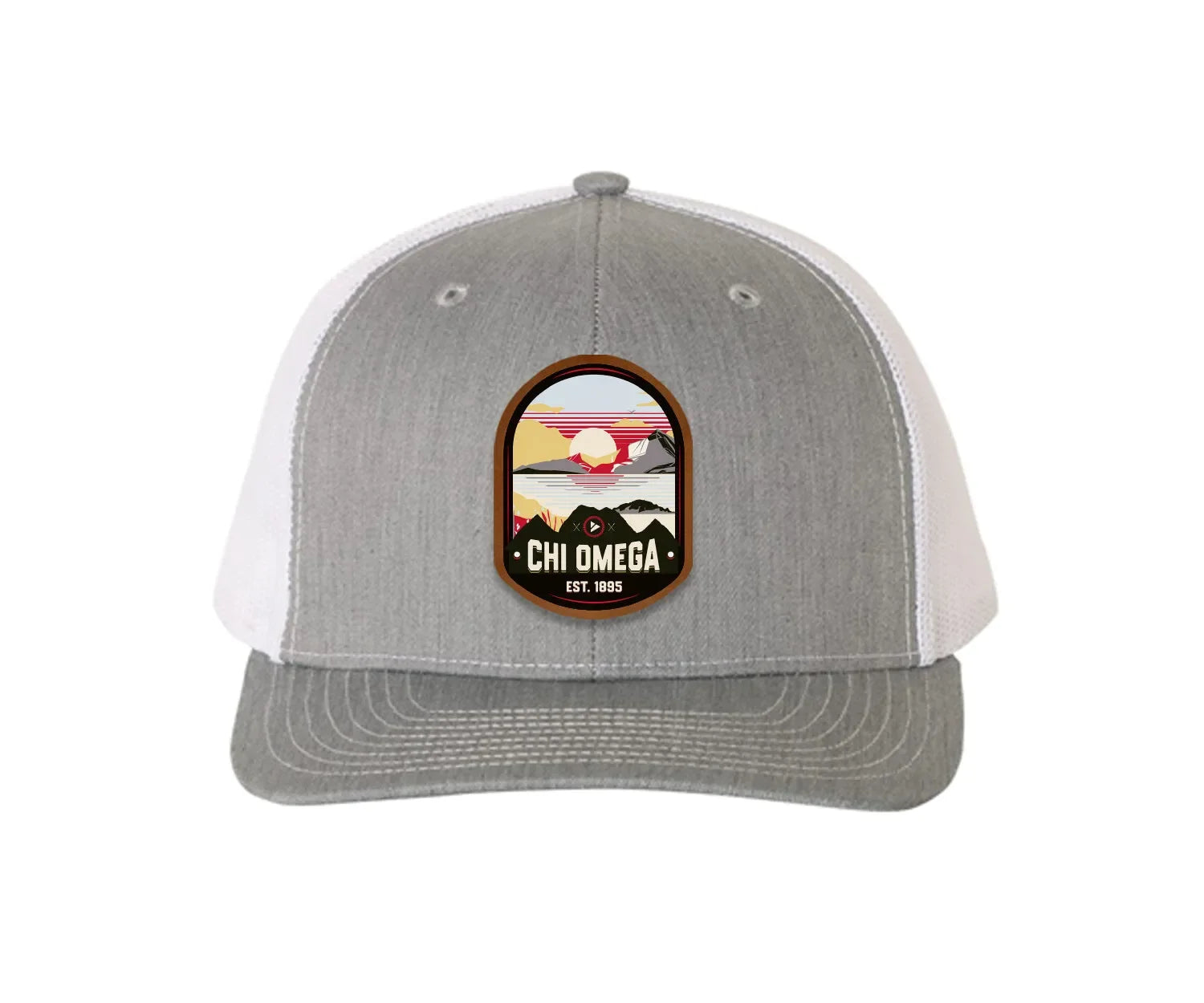 Chi Omega Richardson 112 UV Print Leatherette Patch Trucker Hat - Ventura Heather Gray White Trucker Hat