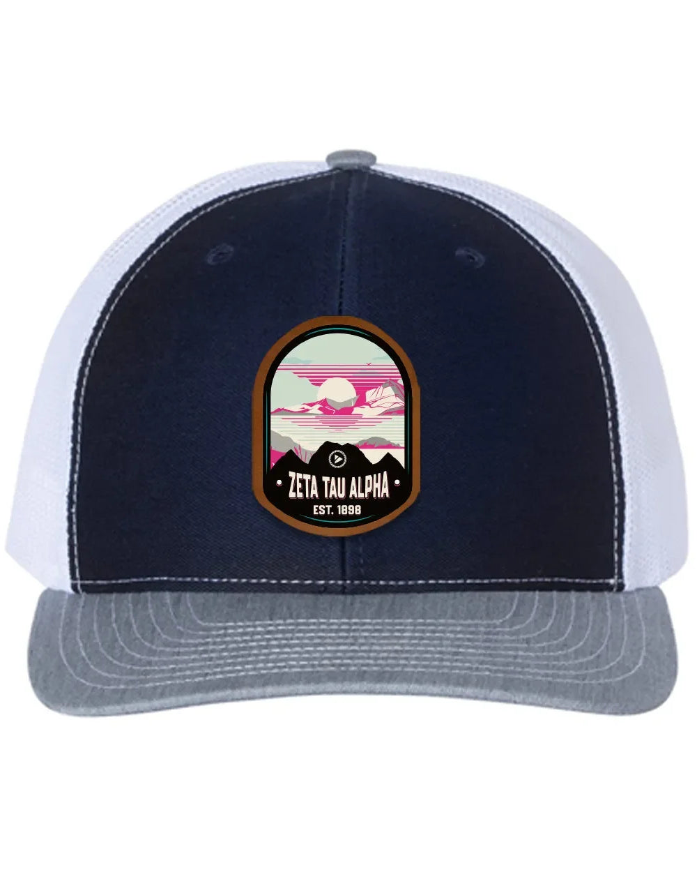 Zeta Tau Alpha Richardson 112 UV Print Leatherette Patch Trucker Hat - Ventura Navy White Heather Gray Trucker Hat