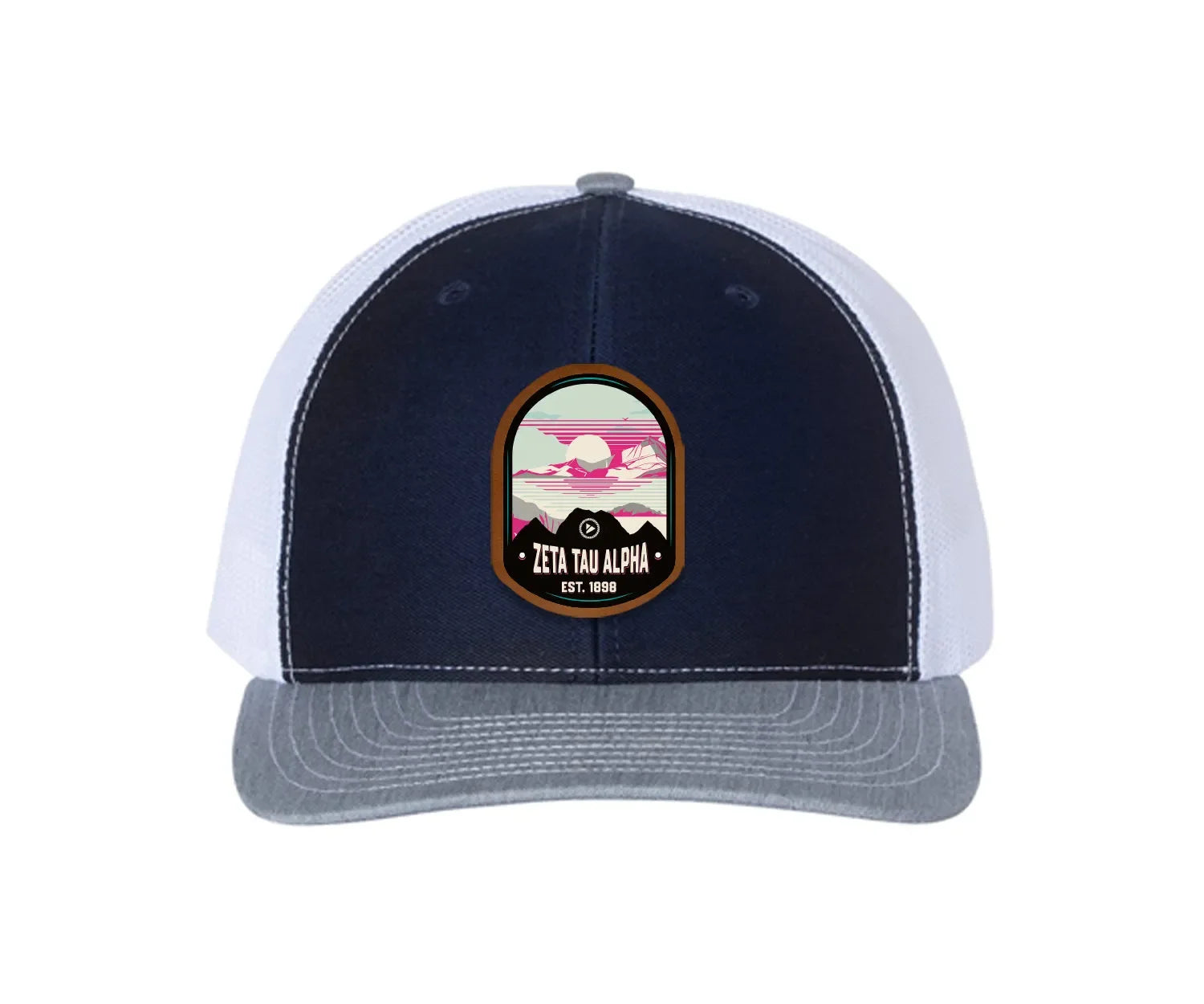 Zeta Tau Alpha Richardson 112 UV Print Leatherette Patch Trucker Hat - Ventura Navy White Heather Gray Trucker Hat