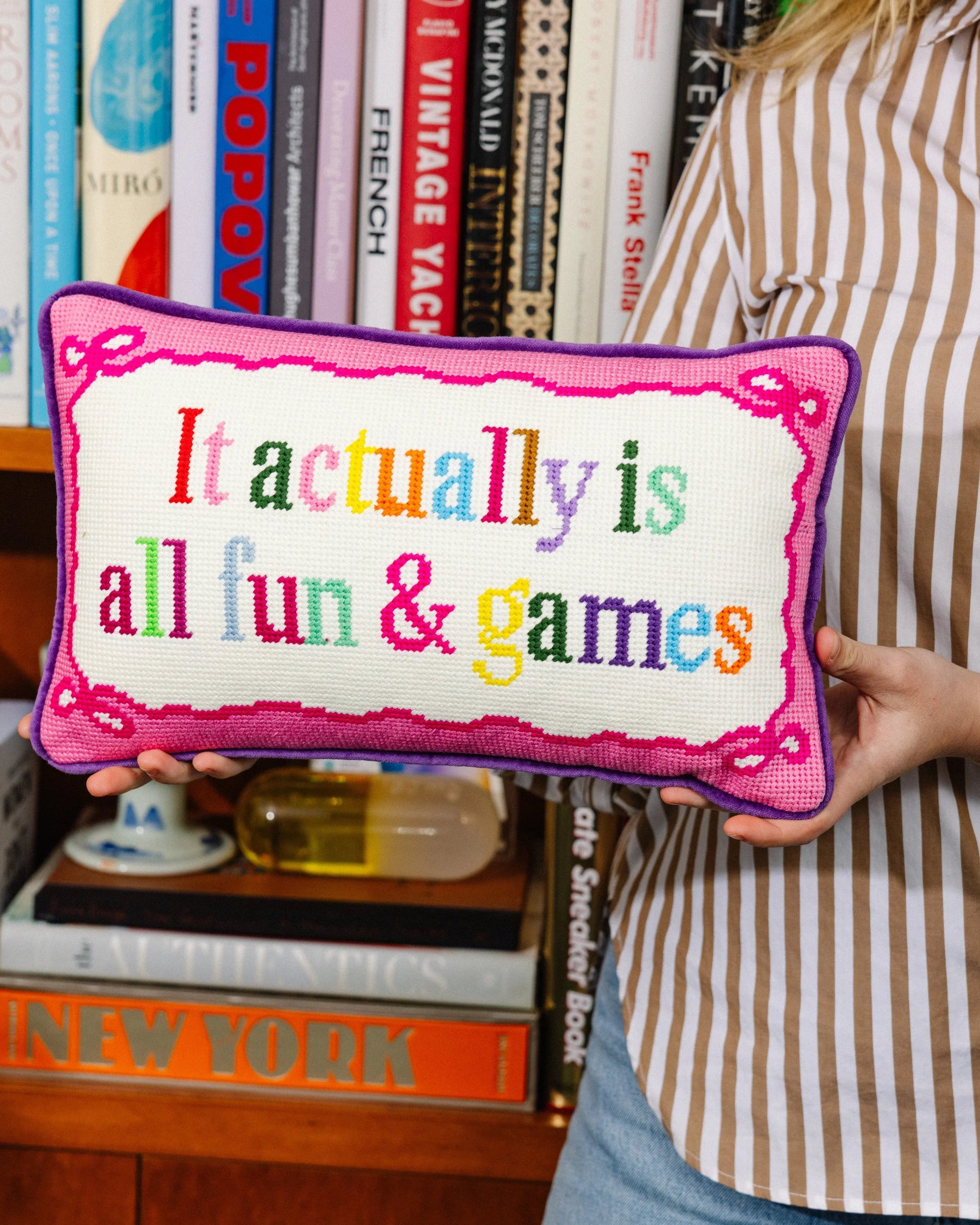 All Fun & Games Needlepoint Pillow | Funny Retro Dorm Decor