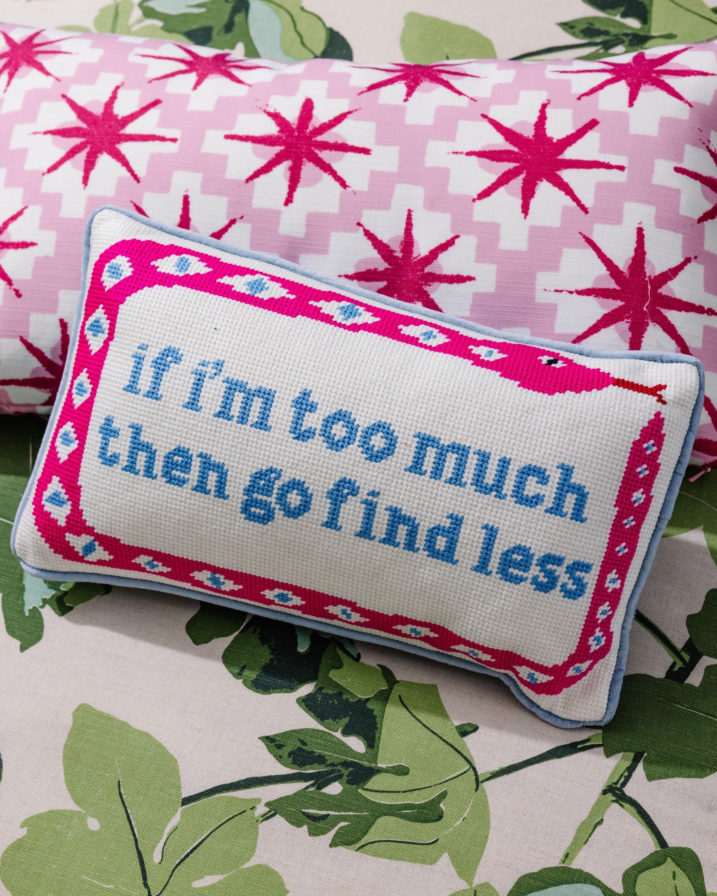 Go Find Less Needlepoint Pillow | Bold Dorm Decor | Pillow with Saying