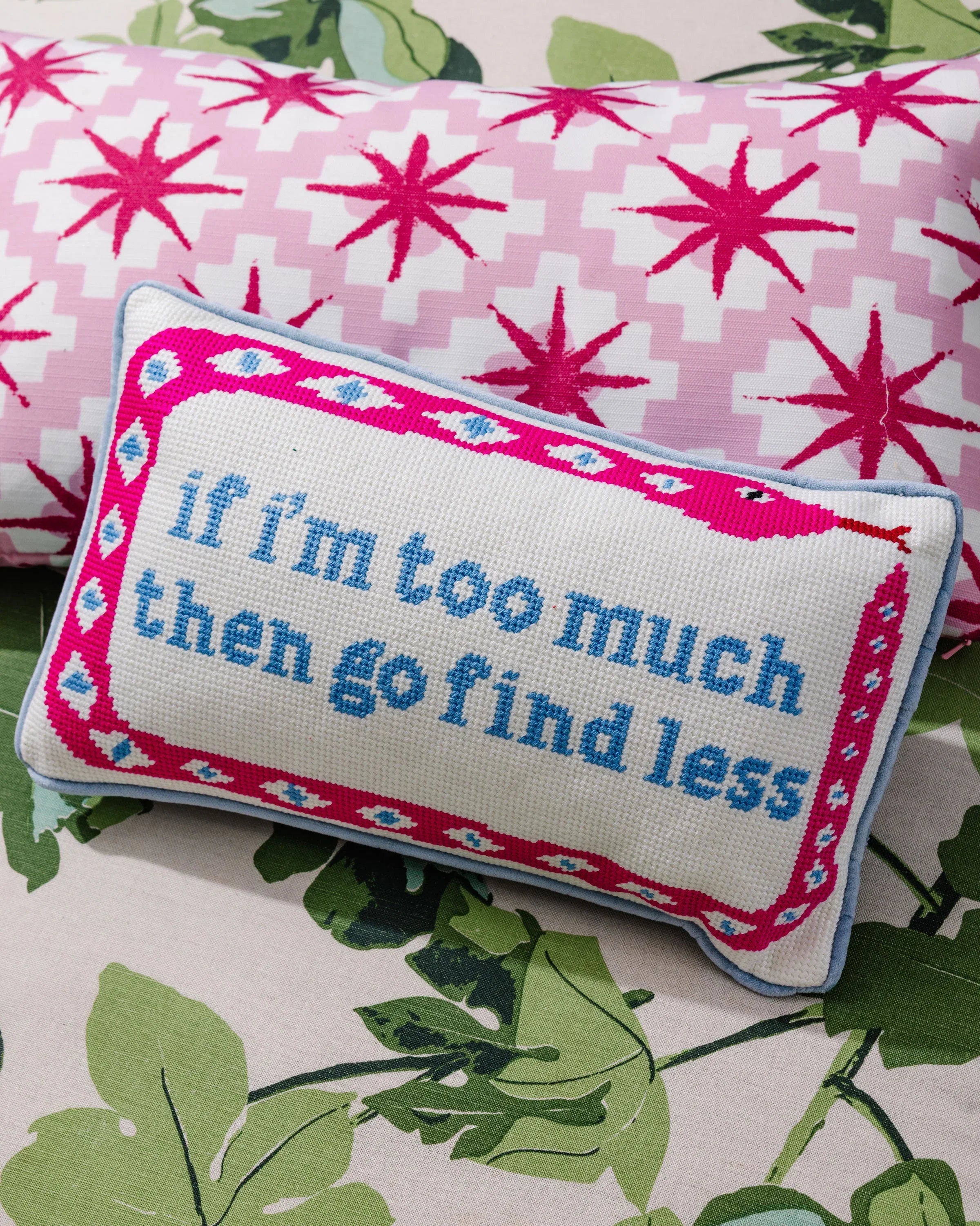 Go Find Less Needlepoint Pillow | Bold Dorm Decor | Pillow with Saying