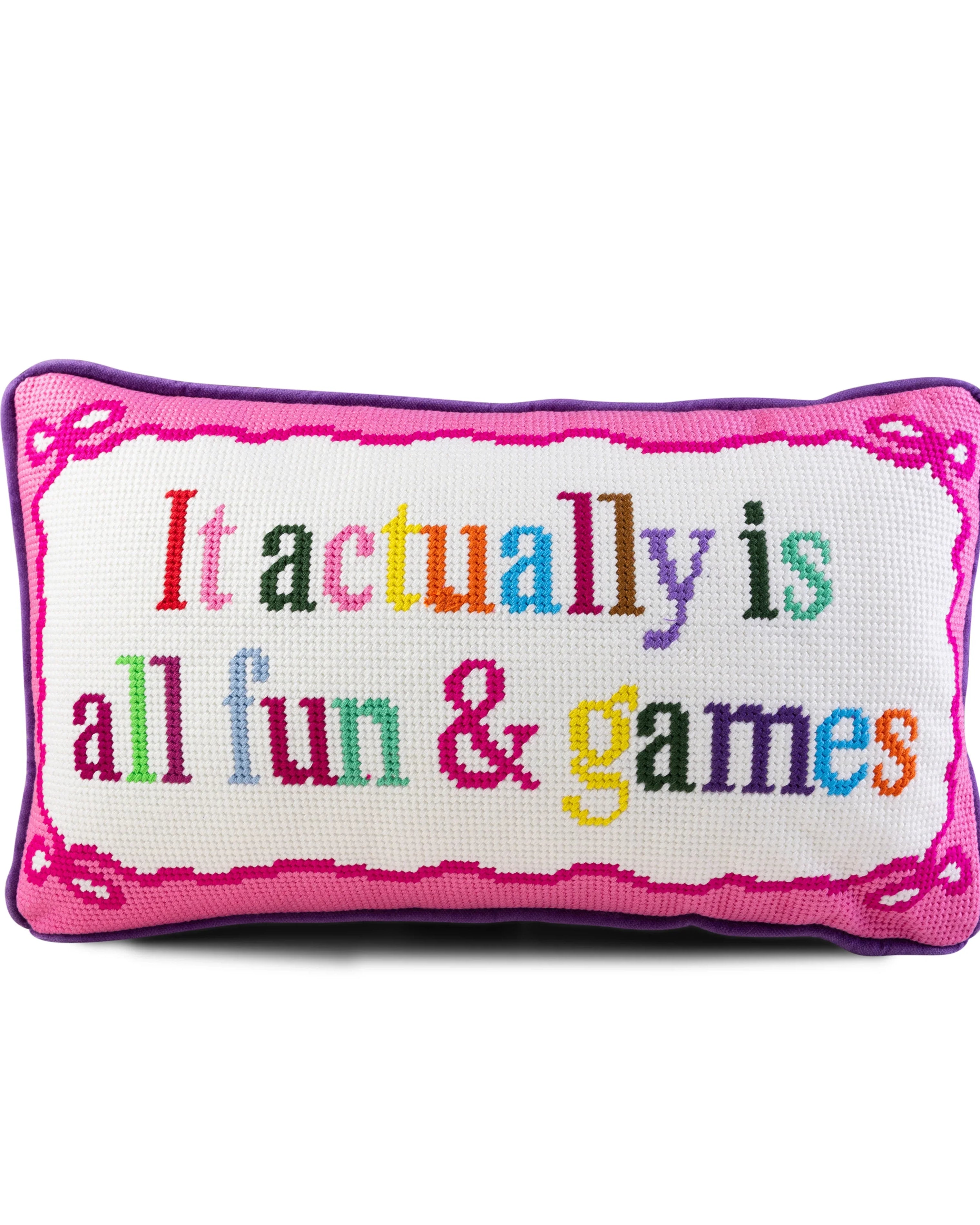 All Fun & Games Needlepoint Pillow | Funny Retro Dorm Decor