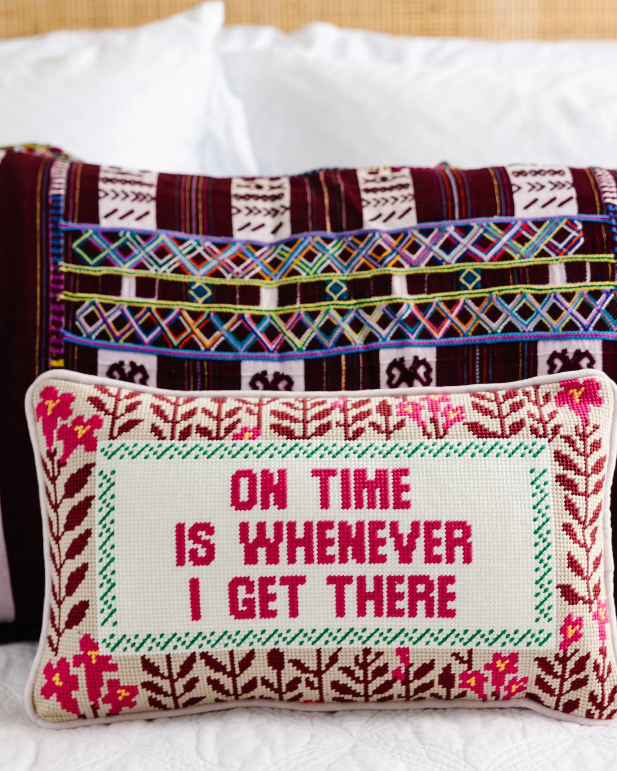 On Time Needlepoint Pillow | Dorm Decor | Funny Sayings