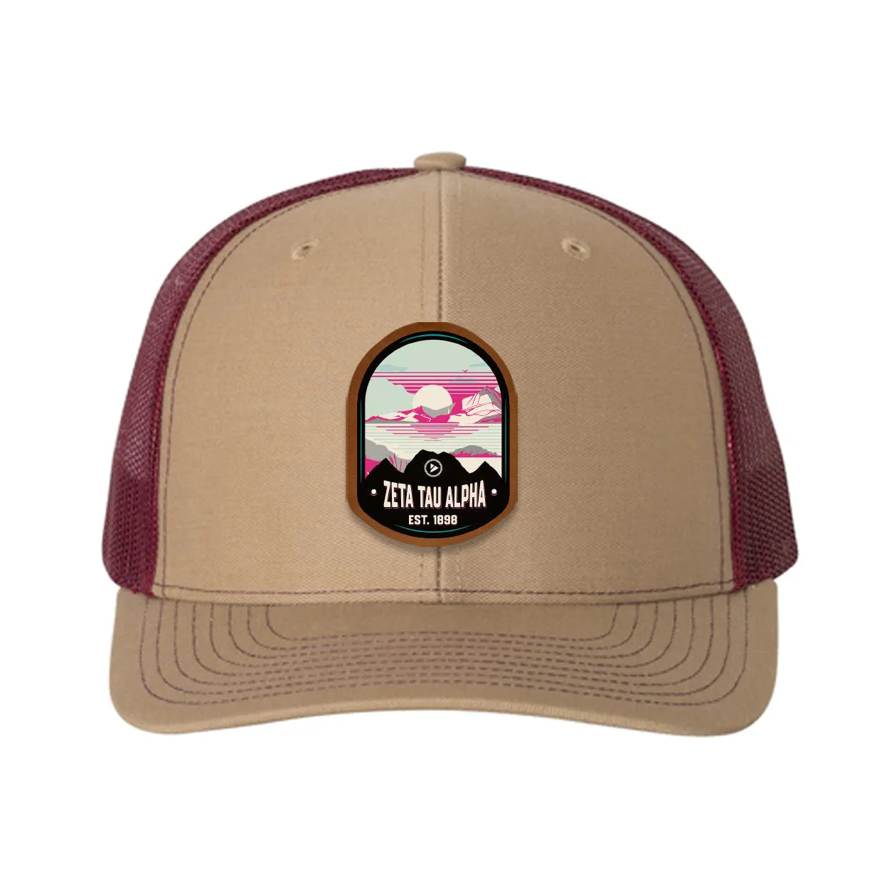 Zeta Tau Alpha Richardson 112 UV Print Leatherette Patch Trucker Hat - Ventura Khaki Burgundy Trucker Hat