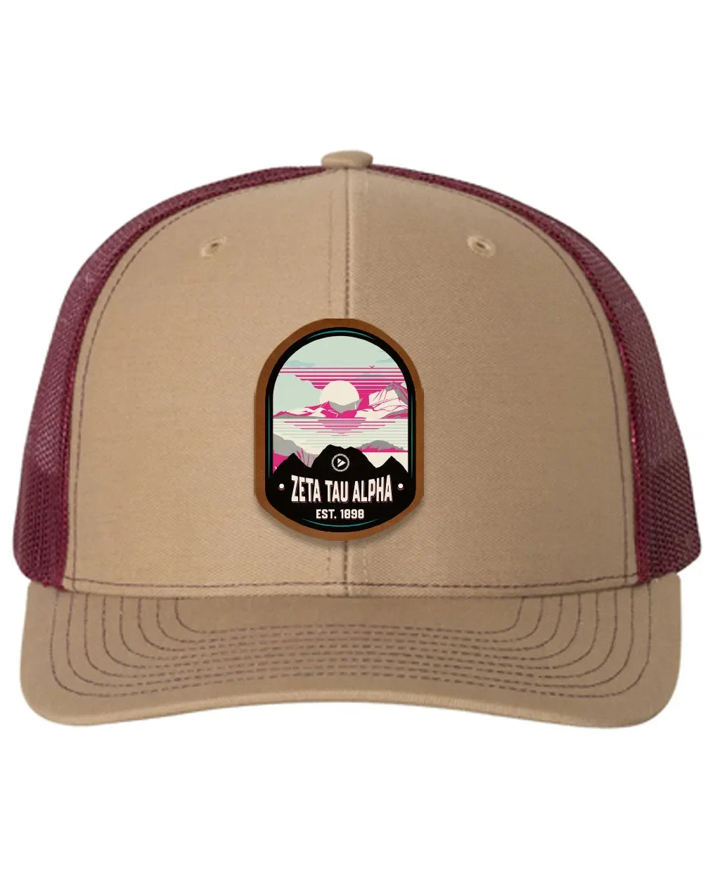 Zeta Tau Alpha Richardson 112 UV Print Leatherette Patch Trucker Hat - Ventura Khaki Burgundy Trucker Hat