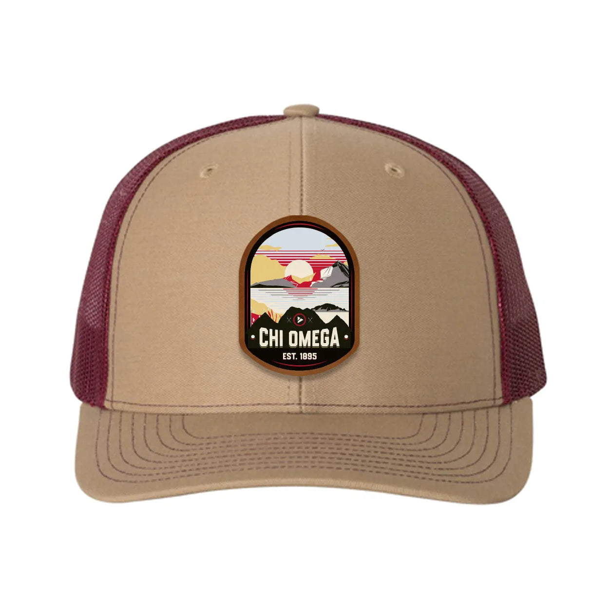 Chi Omega Richardson 112 UV Print Leatherette Patch Trucker Hat - Ventura Khaki Burgundy Trucker Hat