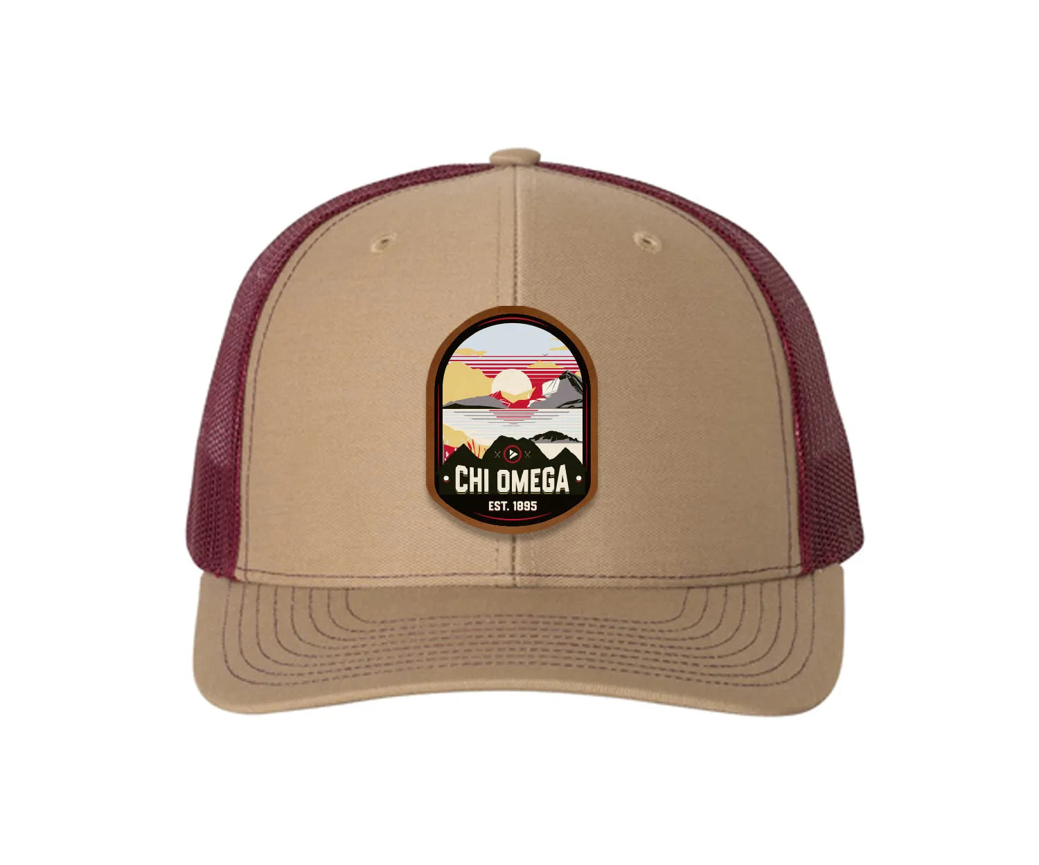 Chi Omega Richardson 112 UV Print Leatherette Patch Trucker Hat - Ventura Khaki Burgundy Trucker Hat