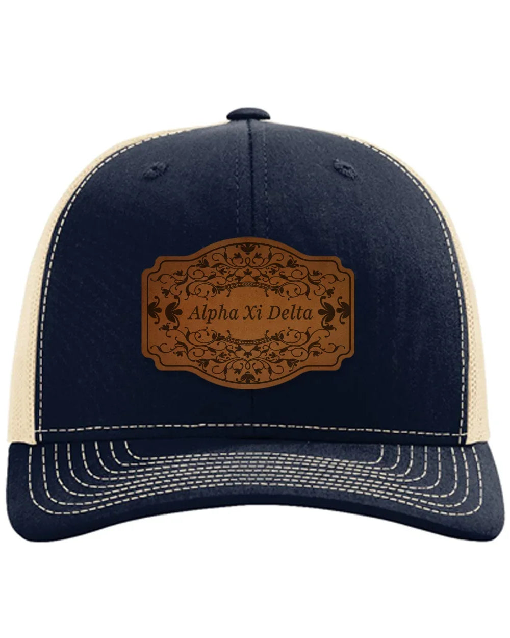 Alpha Xi Delta Richardson 112 Leatherette Patch Trucker Hat Scroll