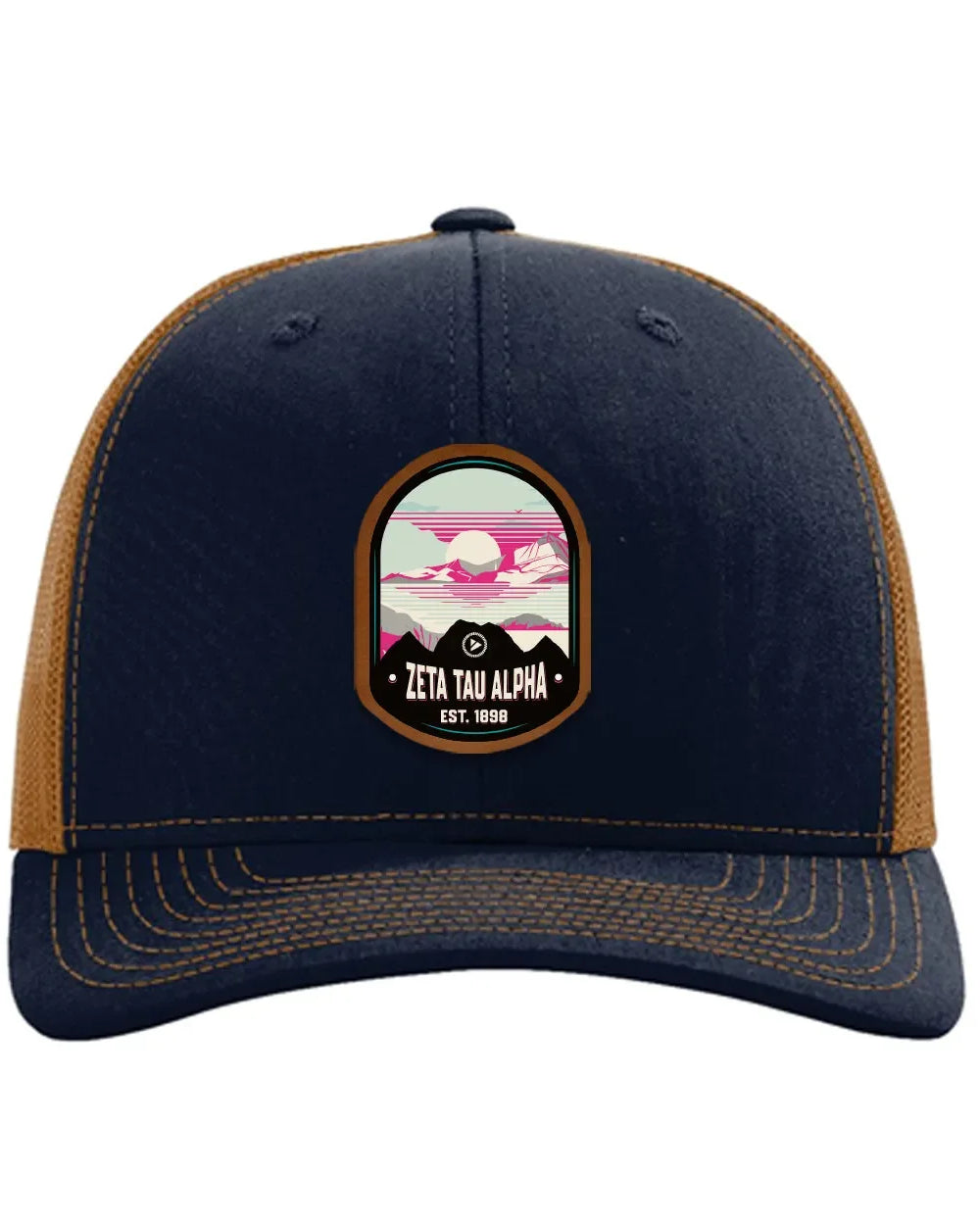 Zeta Tau Alpha Richardson 112 UV Print Leatherette Patch Trucker Hat - Ventura Navy Caramel Trucker Hat