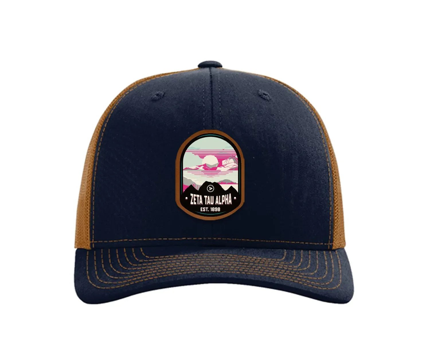 Zeta Tau Alpha Richardson 112 UV Print Leatherette Patch Trucker Hat - Ventura Navy Caramel Trucker Hat