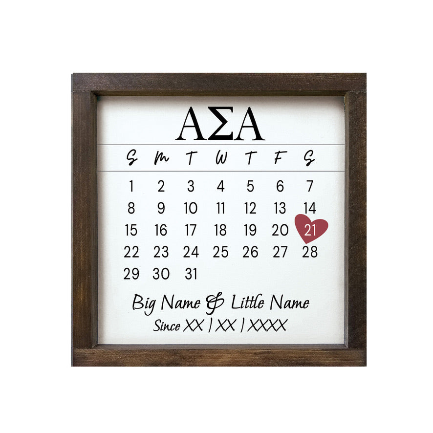 Alpha Sigma Alpha Personalized Big Little Calendar Framed Sign - 12x12