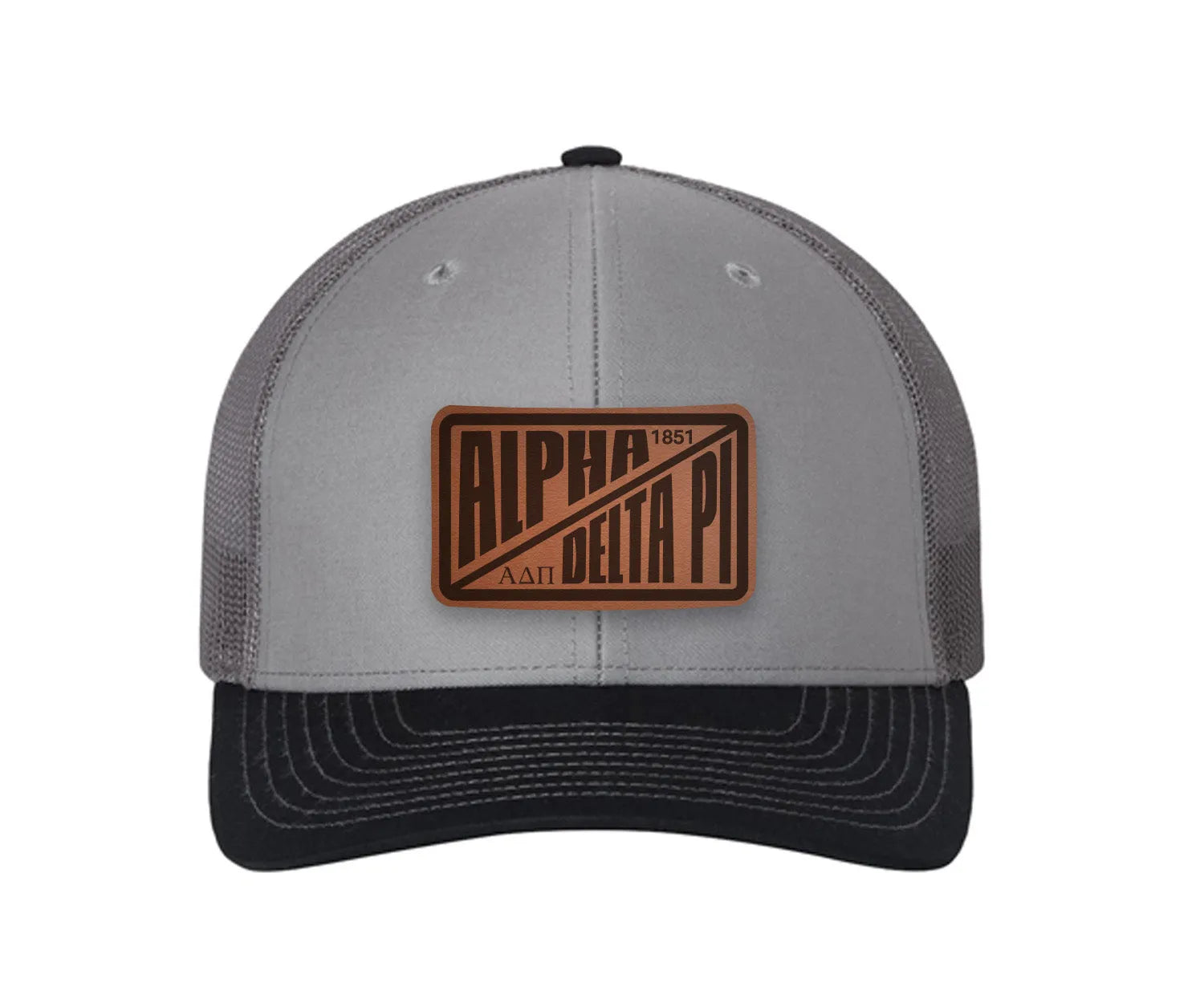 Alpha Delta Pi Richardson 112 Leatherette Patch Trucker Hat - Divide Gray Charcoal Navy Trucker Hat