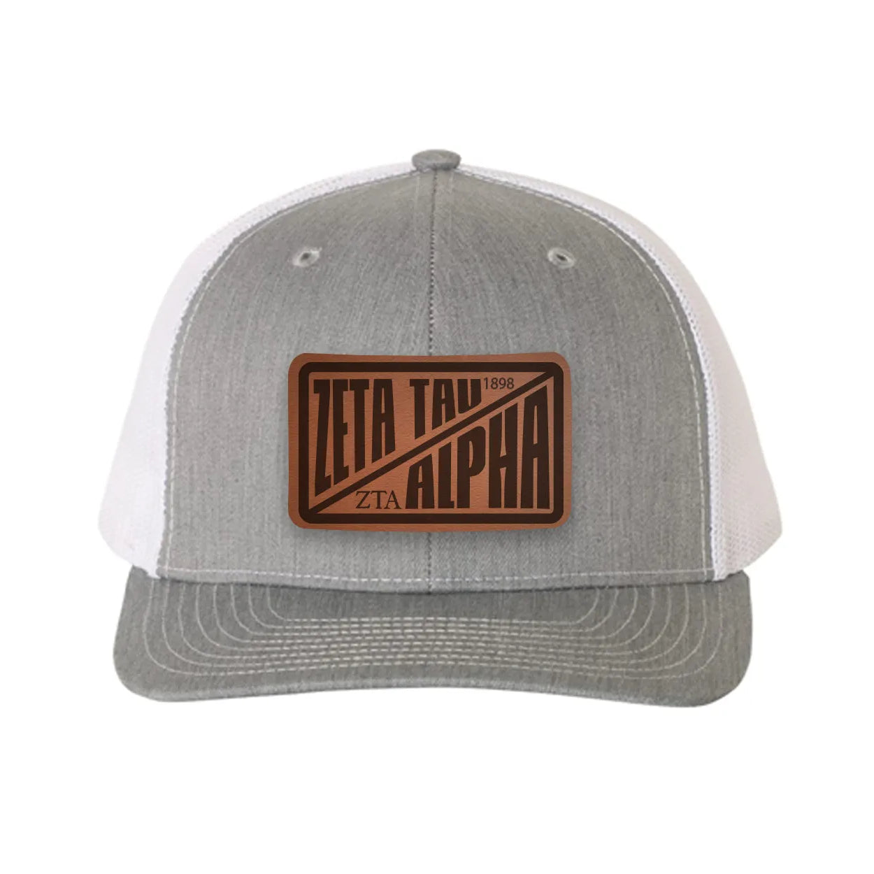 Zeta Tau Alpha Richardson 112 Leatherette Patch Trucker Hat - Divide Heather Gray White Trucker Hat