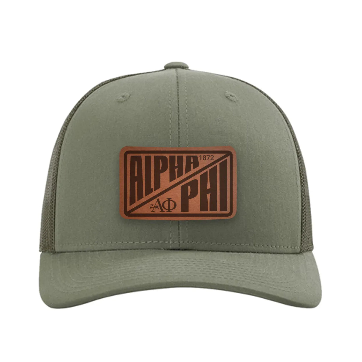 Alpha Phi Richardson 112 Leatherette Patch Trucker Hat - Divide Loden Trucker Hat