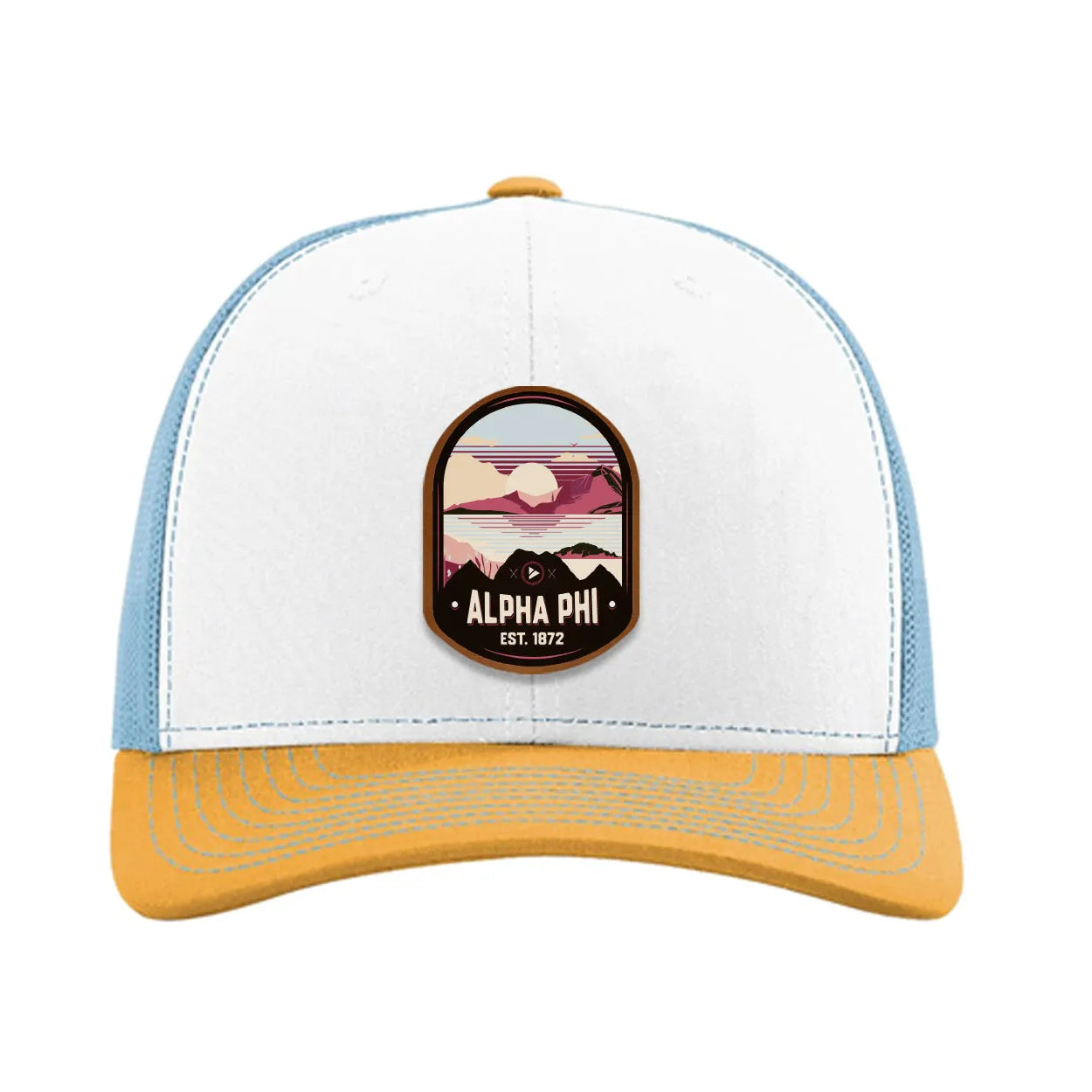 Alpha Phi Richardson 112 UV Print Leatherette Patch Trucker Hat - Ventura White Blue Yellow Trucker Hat