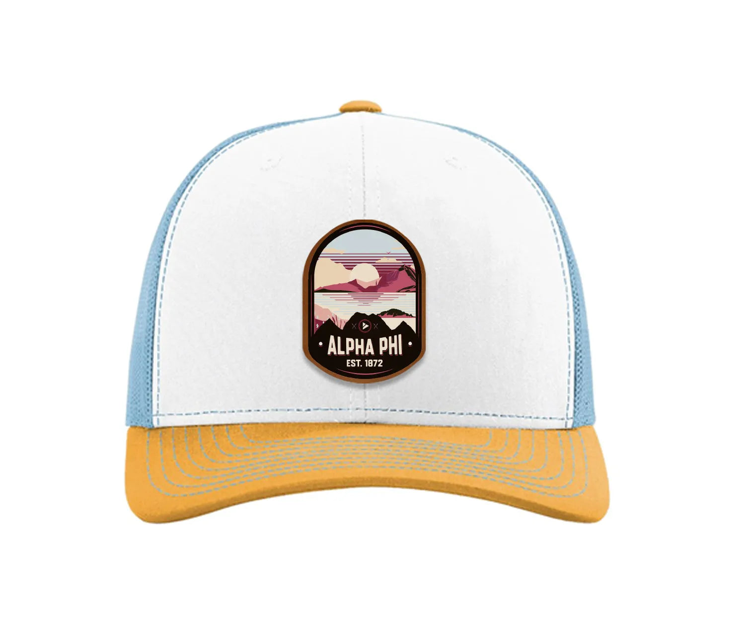 Alpha Phi Richardson 112 UV Print Leatherette Patch Trucker Hat - Ventura White Blue Yellow Trucker Hat