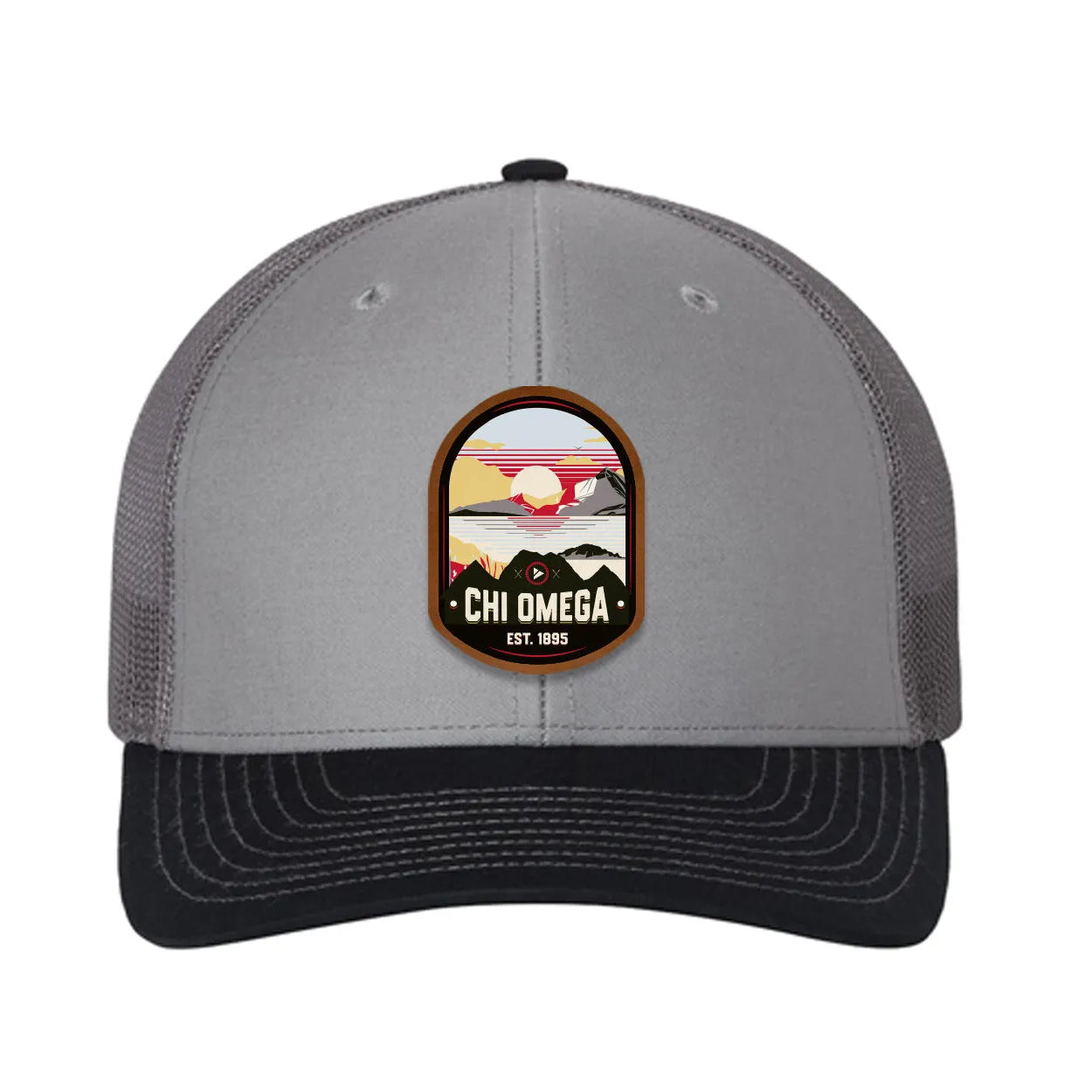 Chi Omega Richardson 112 UV Print Leatherette Patch Trucker Hat - Ventura Gray Charcoal Navy Trucker Hat