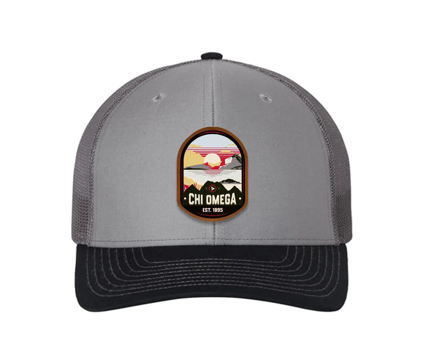 Chi Omega Richardson 112 UV Print Leatherette Patch Trucker Hat - Ventura Gray Charcoal Navy Trucker Hat