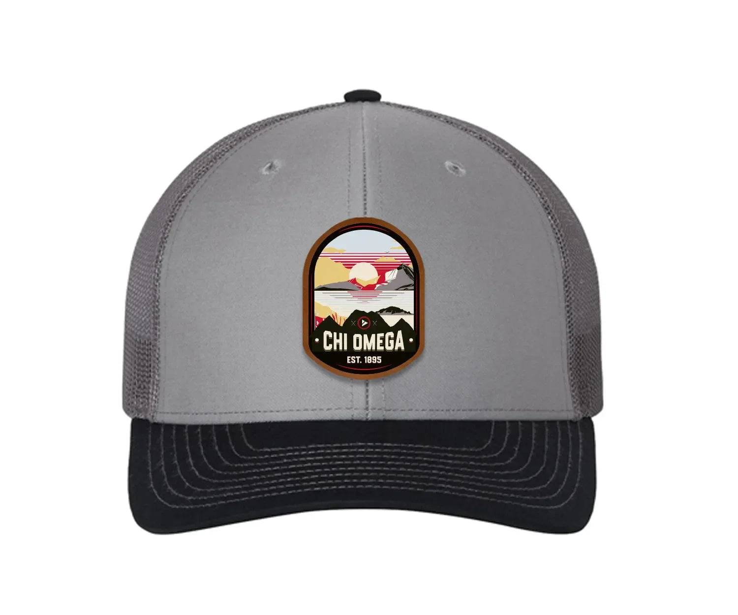 Chi Omega Richardson 112 UV Print Leatherette Patch Trucker Hat - Ventura Gray Charcoal Navy Trucker Hat