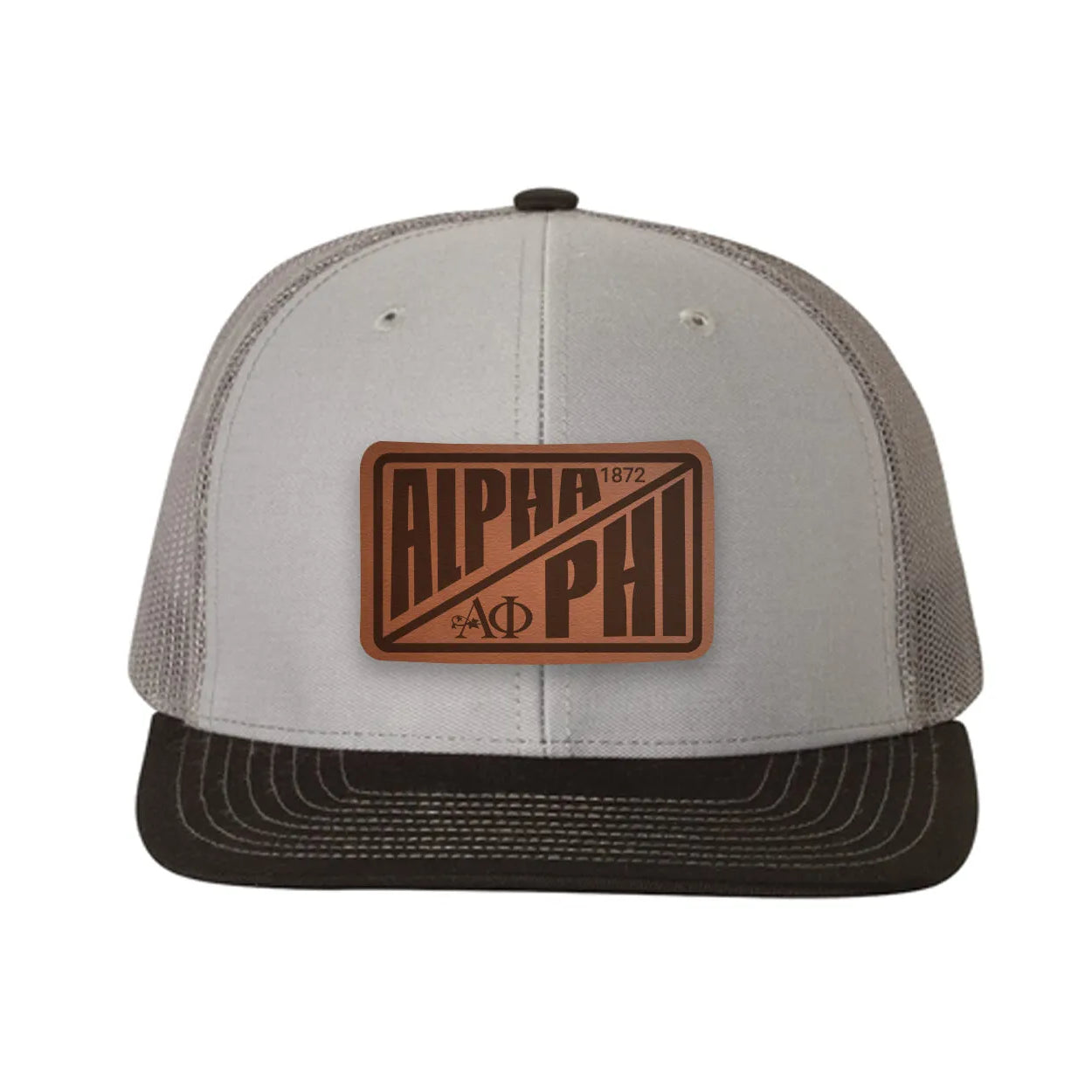 Alpha Phi Richardson 112 Leatherette Patch Trucker Hat - Divide Gray Charcoal Black Trucker Hat