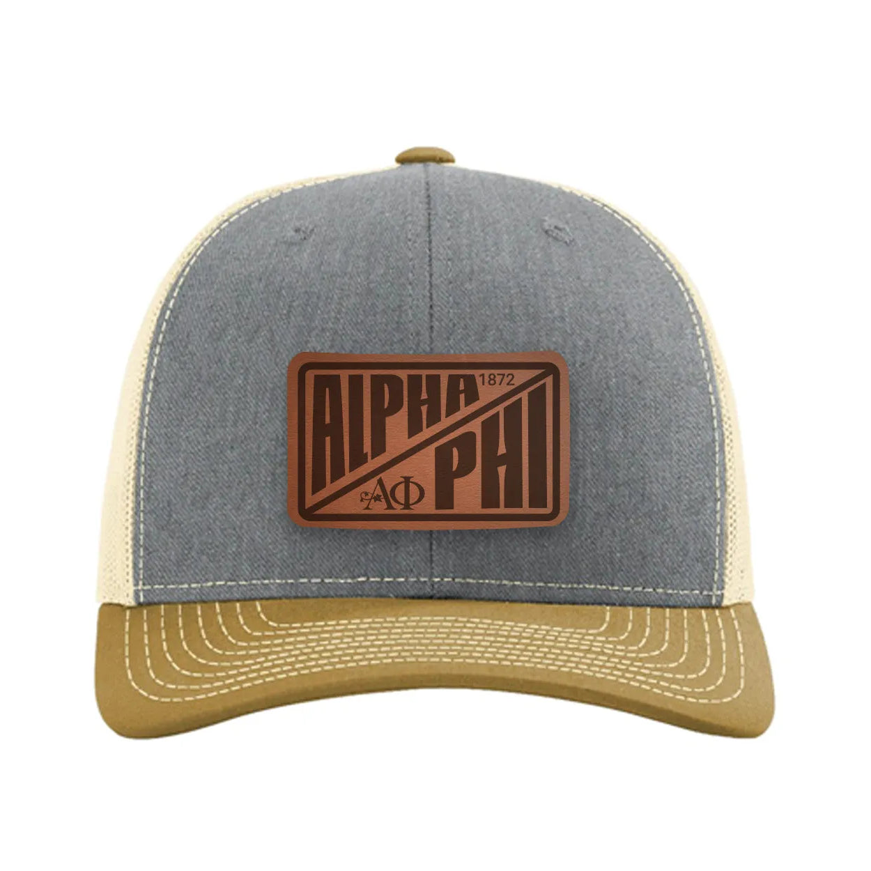 Alpha Phi Richardson 112 Leatherette Patch Trucker Hat - Divide Heather Gray Birch Amber Gold Trucker Hat