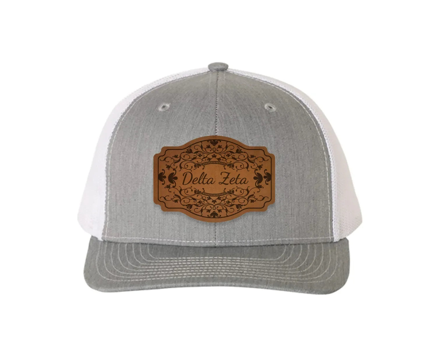 Delta Zeta Richardson 112 Leatherette Patch Trucker Hat - Scroll Heather Gray White Trucker Hat