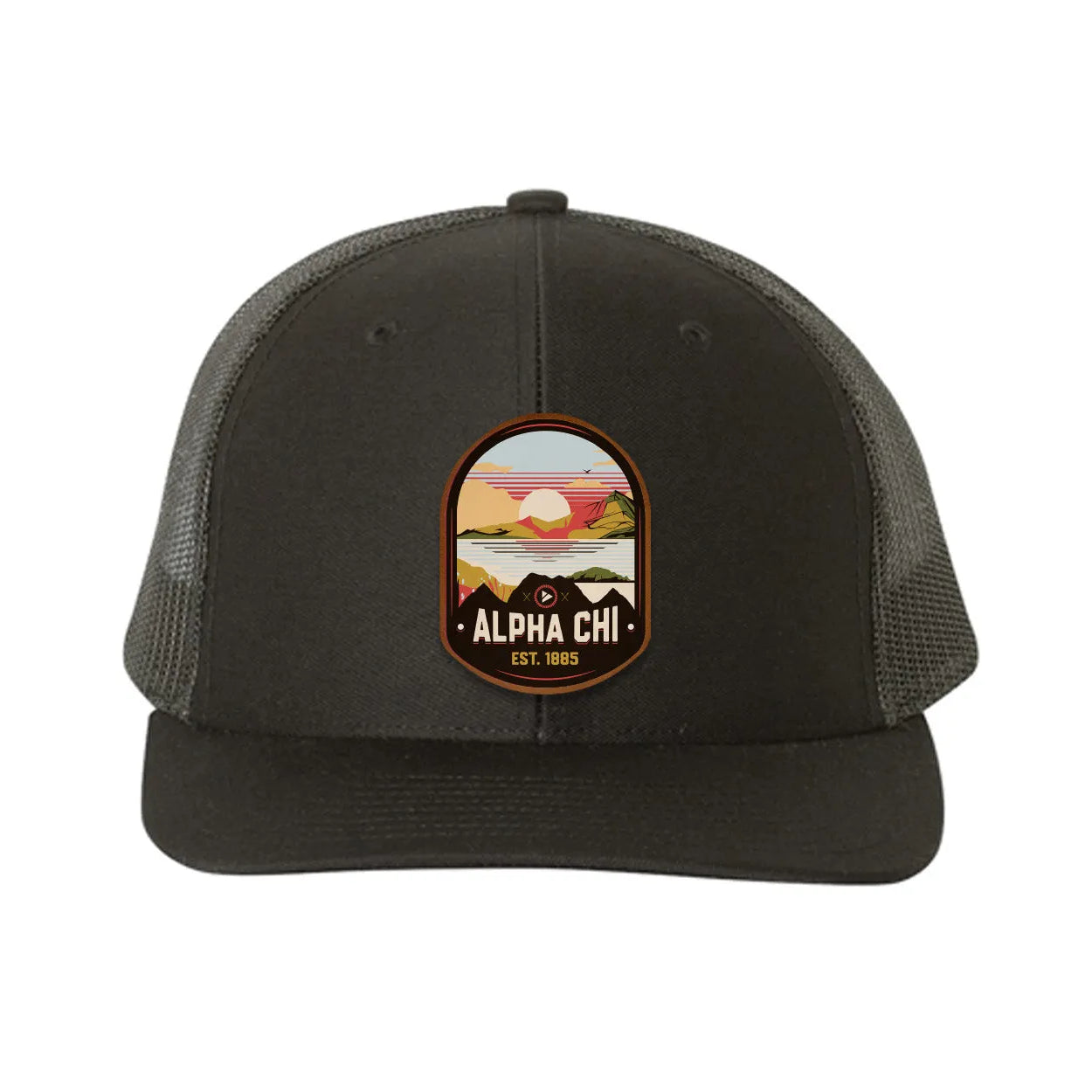 Alpha Chi Omega Richardson 112 UV Print Leatherette Patch Trucker Hat - Ventura Black Black Trucker Hat
