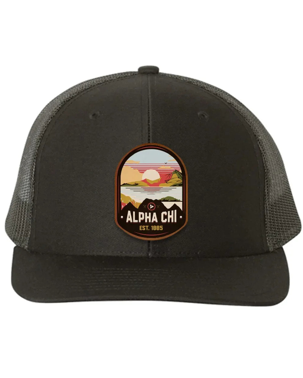 Alpha Chi Omega Richardson 112 UV Print Leatherette Patch Trucker Hat - Ventura Black Black Trucker Hat