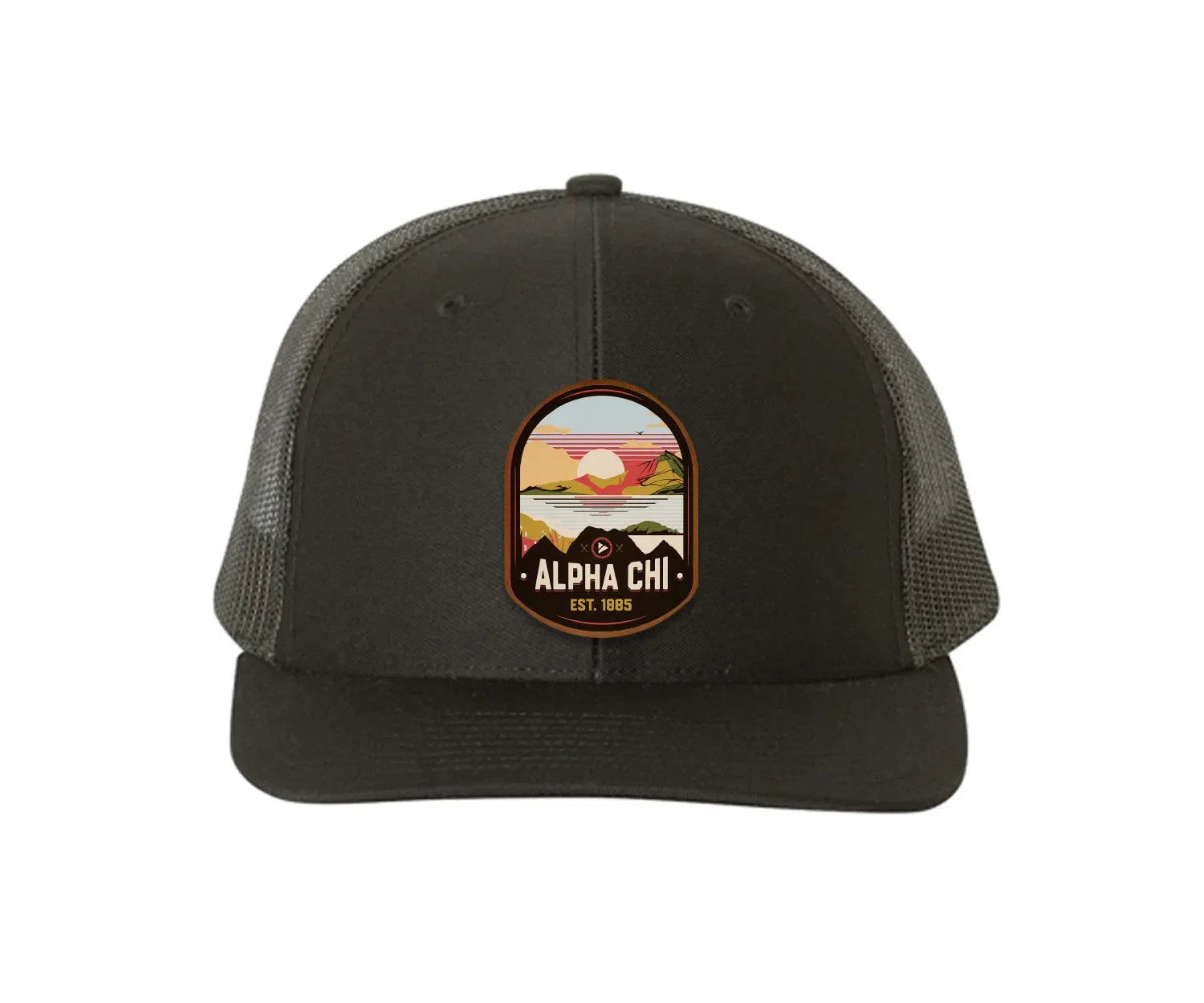 Alpha Chi Omega Richardson 112 UV Print Leatherette Patch Trucker Hat - Ventura Black Black Trucker Hat