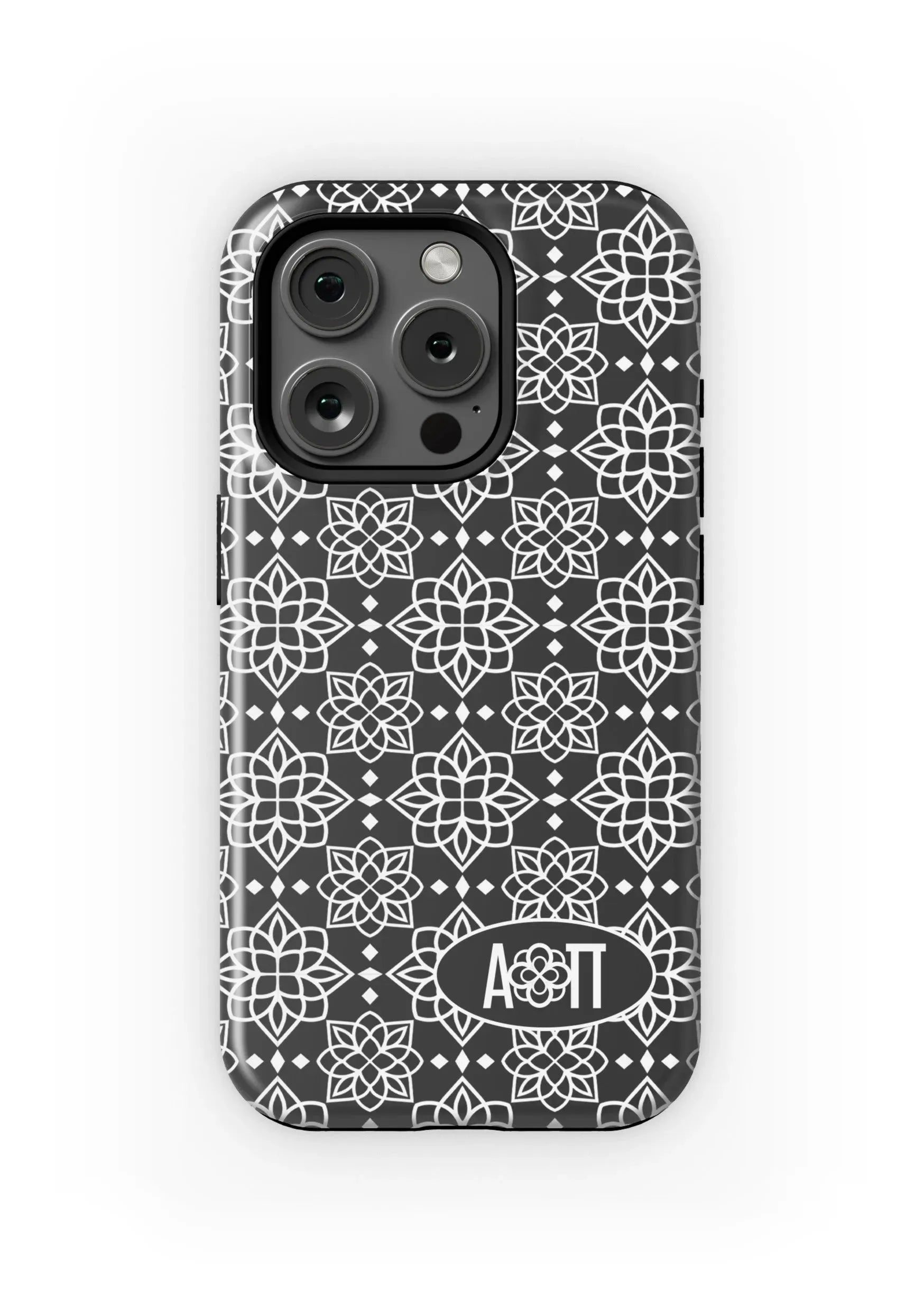 Alpha Omicron Pi iPhone 16, 15, 14 Mobile Phone Case - Black Ornate Matte Mobile Phone Cases
