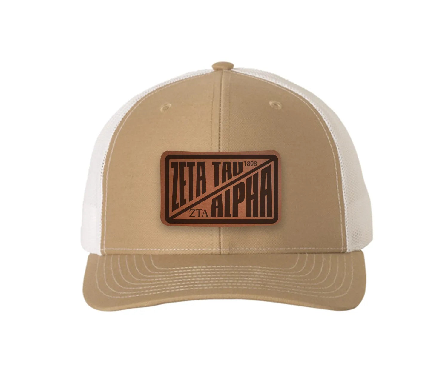 Zeta Tau Alpha Richardson 112 Leatherette Patch Trucker Hat - Divide Khaki White Trucker Hat