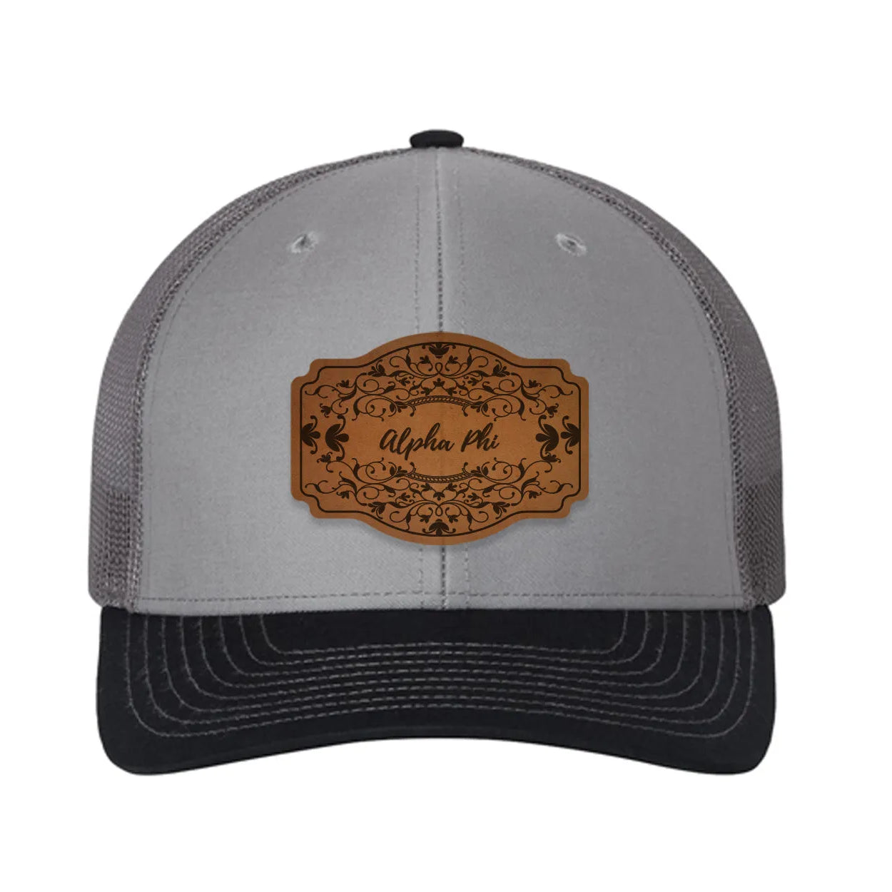 Alpha Phi Richardson 112 Leatherette Patch Trucker Hat - Scroll Gray Charcoal Navy Trucker Hat