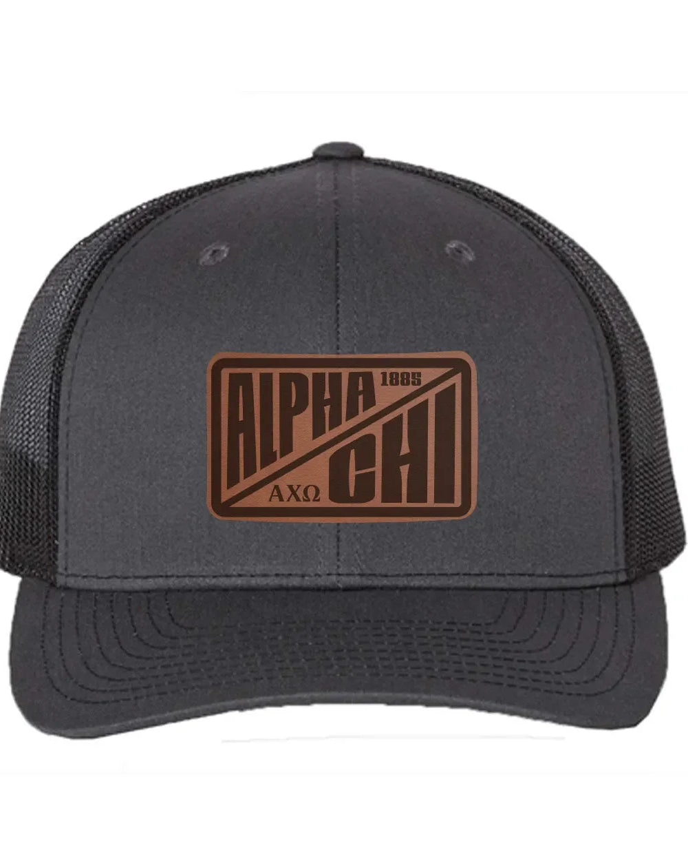 Alpha Chi Omega Richardson 112 Leatherette Patch Trucker Hat - Divide Charcoal Black Trucker Hat