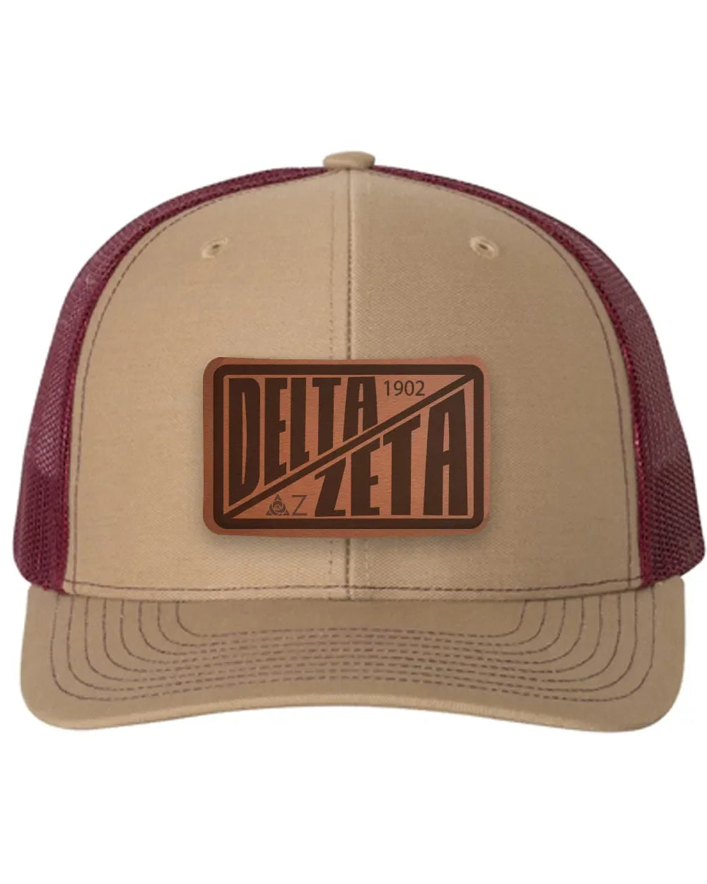 Delta Zeta Richardson 112 Leatherette Patch Trucker Hat - Divide Khaki Burgundy Trucker Hat