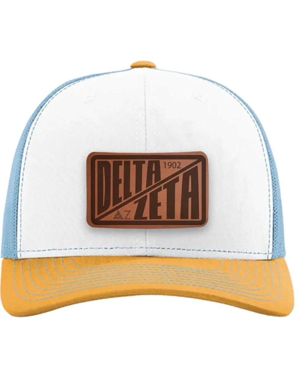 Delta Zeta Richardson 112 Leatherette Patch Trucker Hat - Divide White Blue Yellow Trucker Hat