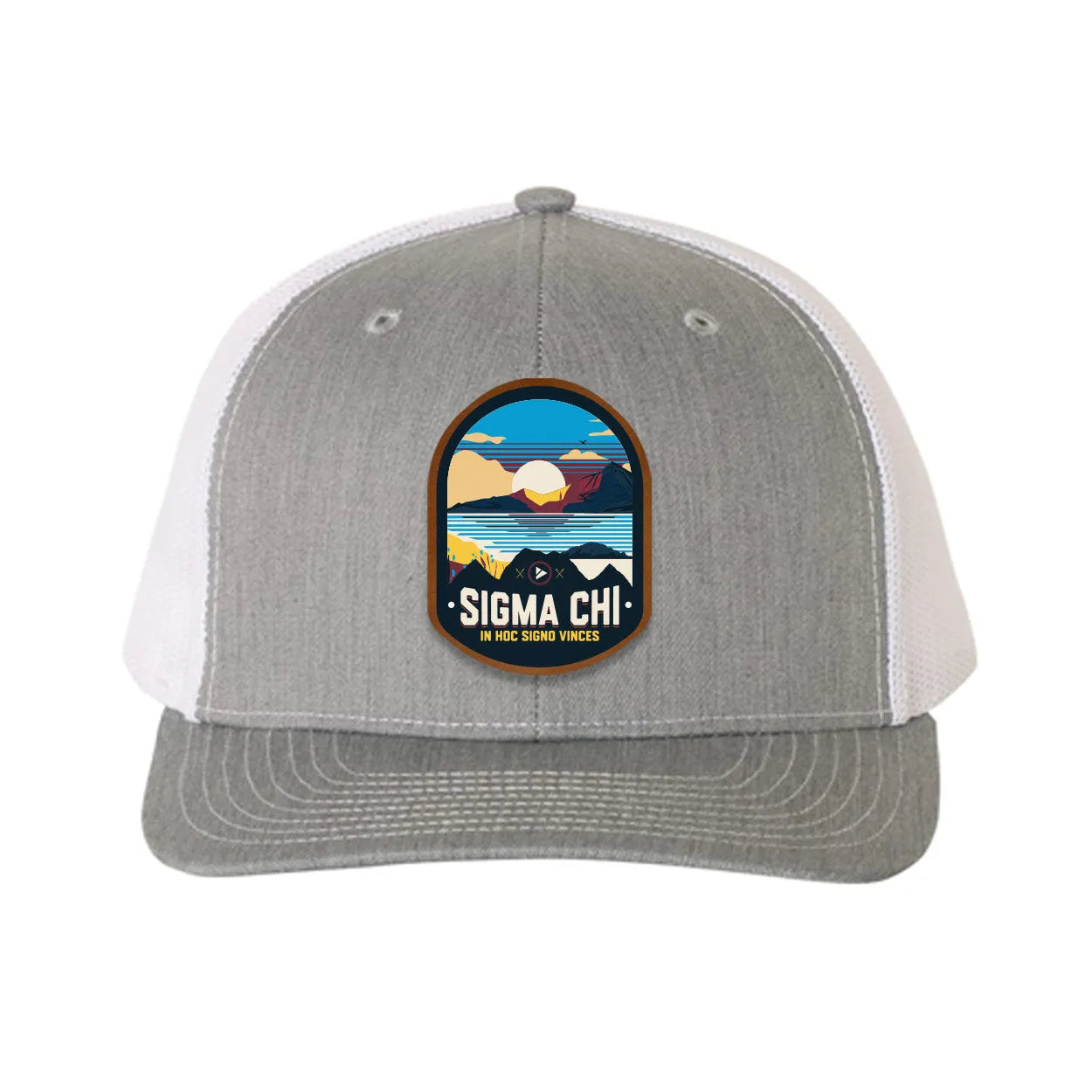 Sigma Chi Richardson 112 UV Print Leatherette Patch Trucker Hat - Ventura Heather Gray White Trucker Hat