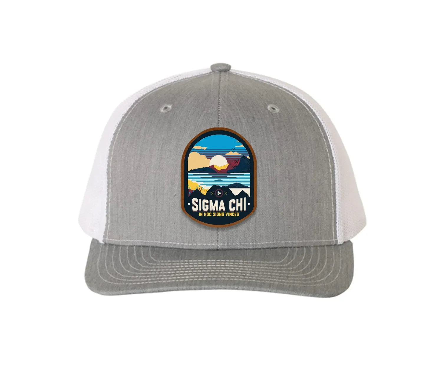 Sigma Chi Richardson 112 UV Print Leatherette Patch Trucker Hat - Ventura Heather Gray White Trucker Hat