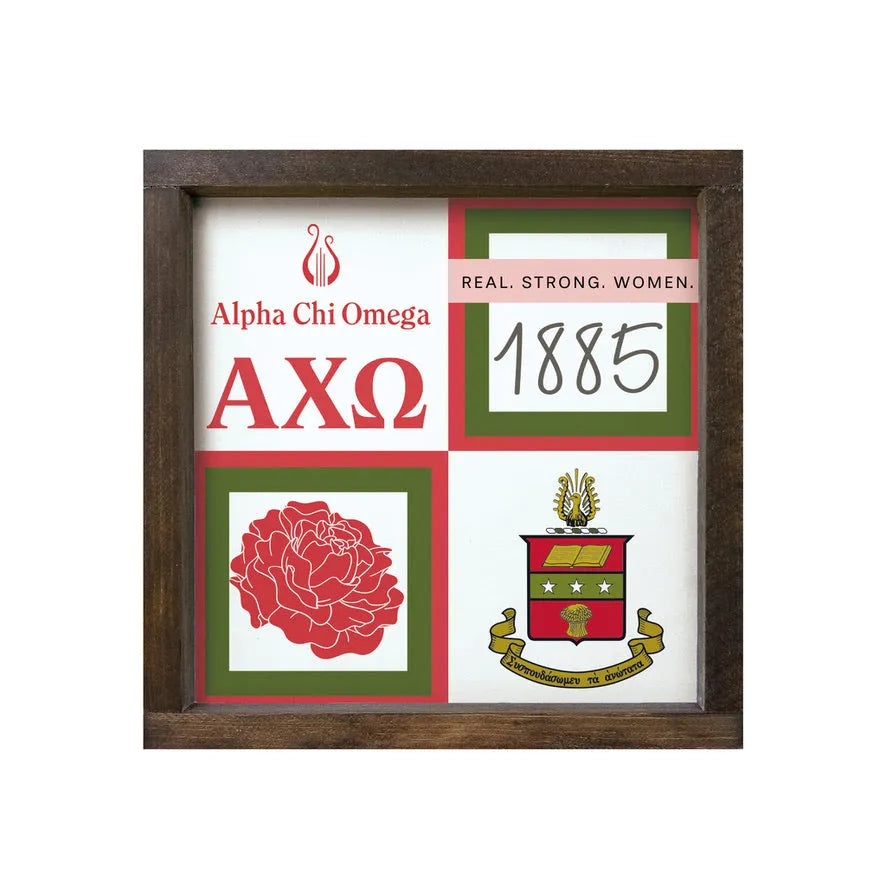 Alpha Chi Omega Pi 12x12 Wood Framed Sign - Color Block Walnut Stain Wall Art & Signs