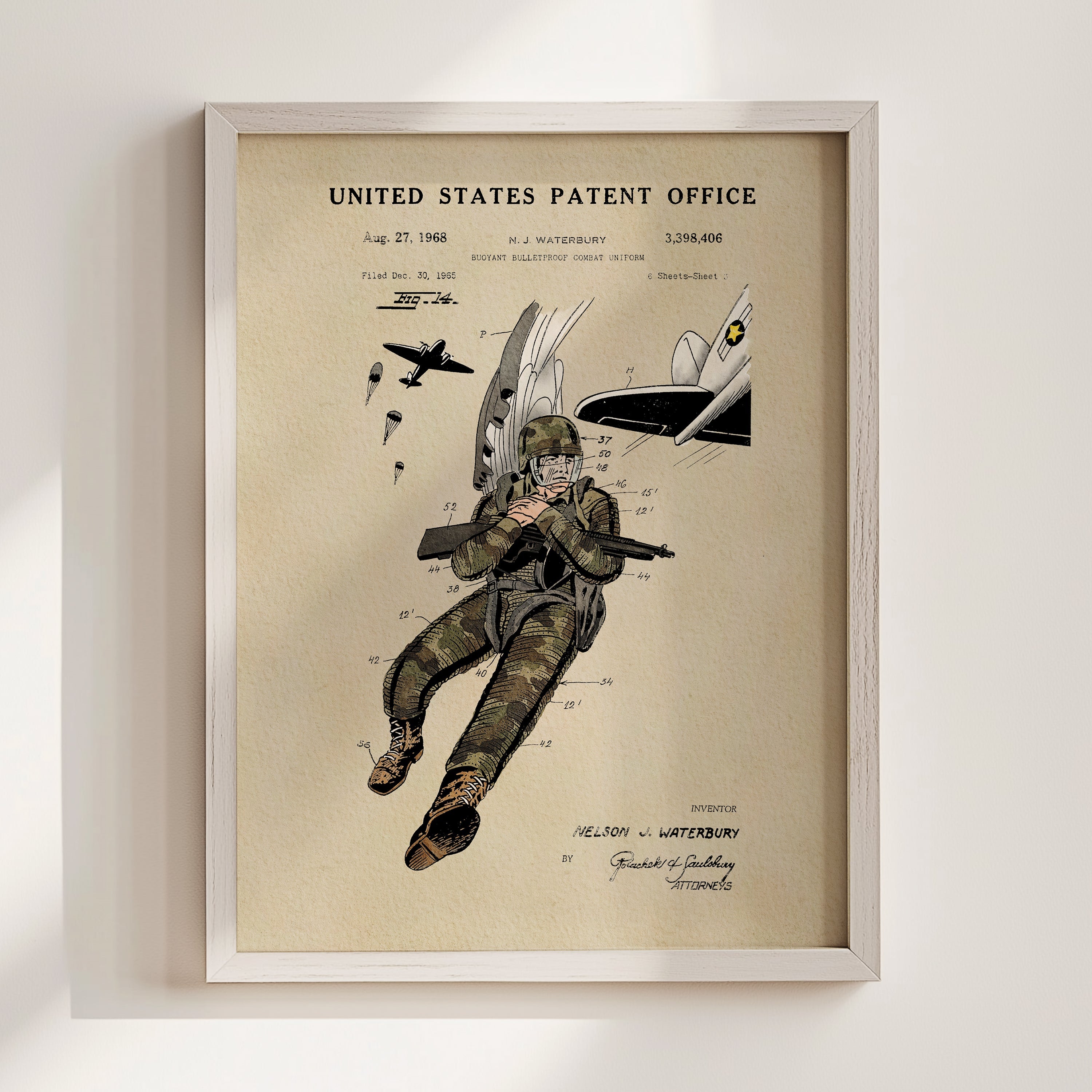 Combat Suit US Patent Art Print | Patriotic Decor | Vintage Style Wall Art | Campus Greek Fit