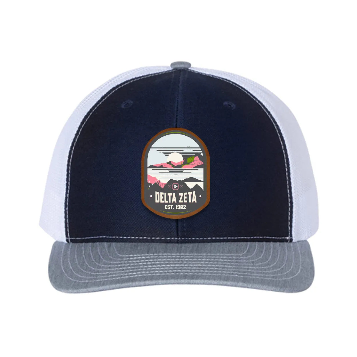 Delta Zeta Richardson 112 UV Print Leatherette Patch Trucker Hat - Ventura Navy White Heather Gray Trucker Hat
