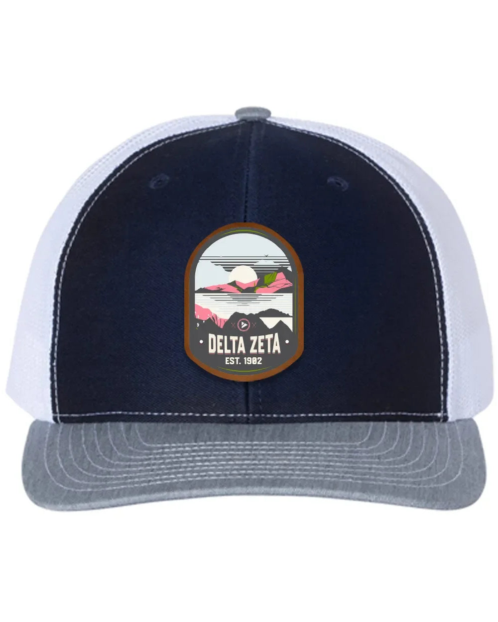 Delta Zeta Richardson 112 UV Print Leatherette Patch Trucker Hat - Ventura Navy White Heather Gray Trucker Hat