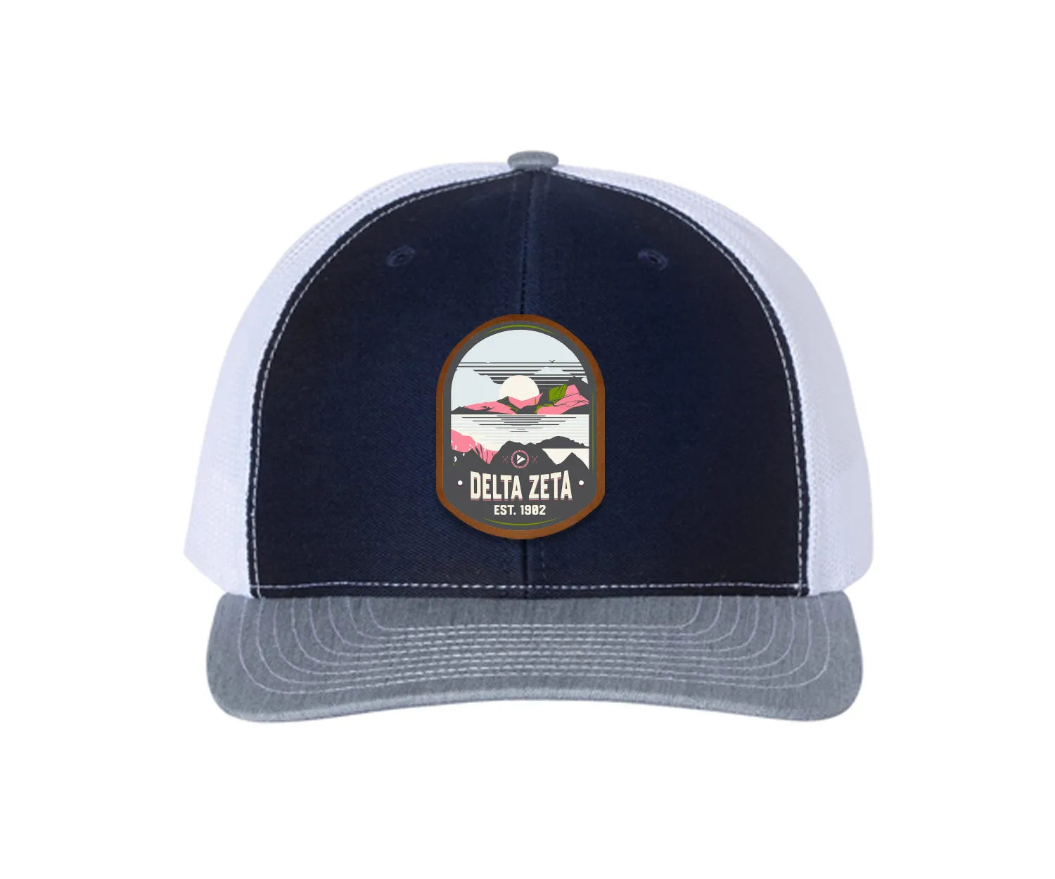 Delta Zeta Richardson 112 UV Print Leatherette Patch Trucker Hat - Ventura Navy White Heather Gray Trucker Hat