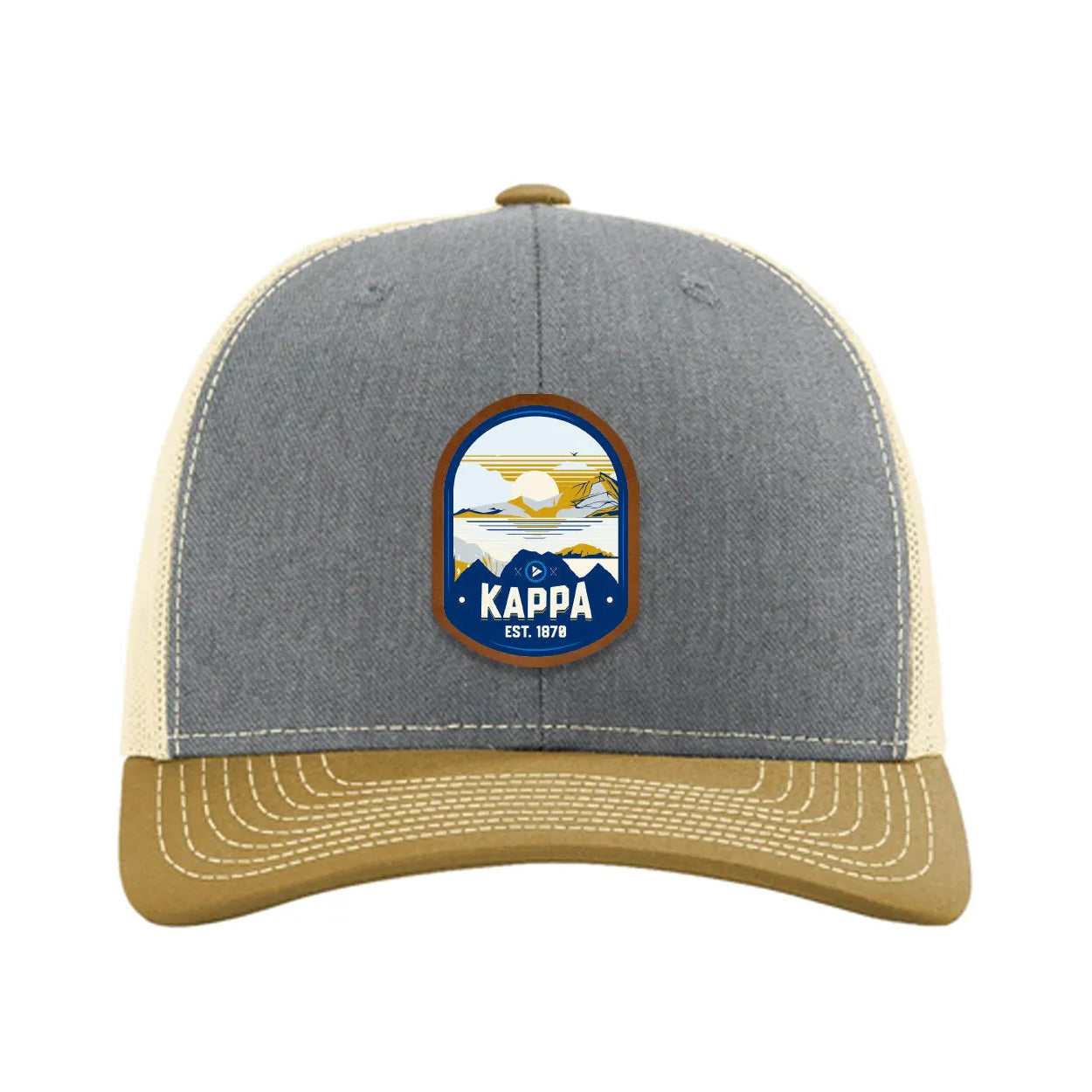Kappa Kappa Gamma Richardson 112 UV Print Leatherette Patch Trucker Hat - Ventura Heather Gray Birch Amber Gold Trucker Hat